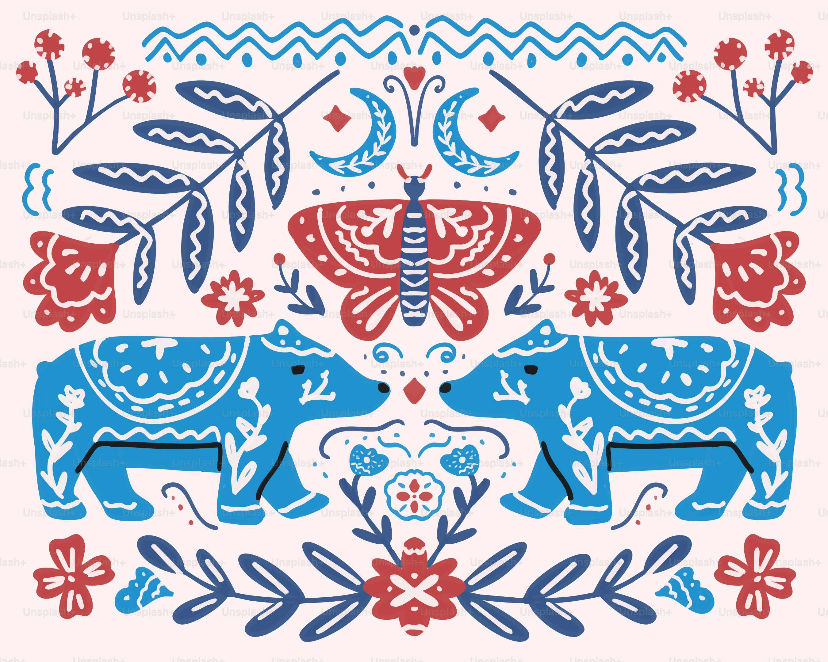 Folk art with bears, butterfly, and floral motifs.