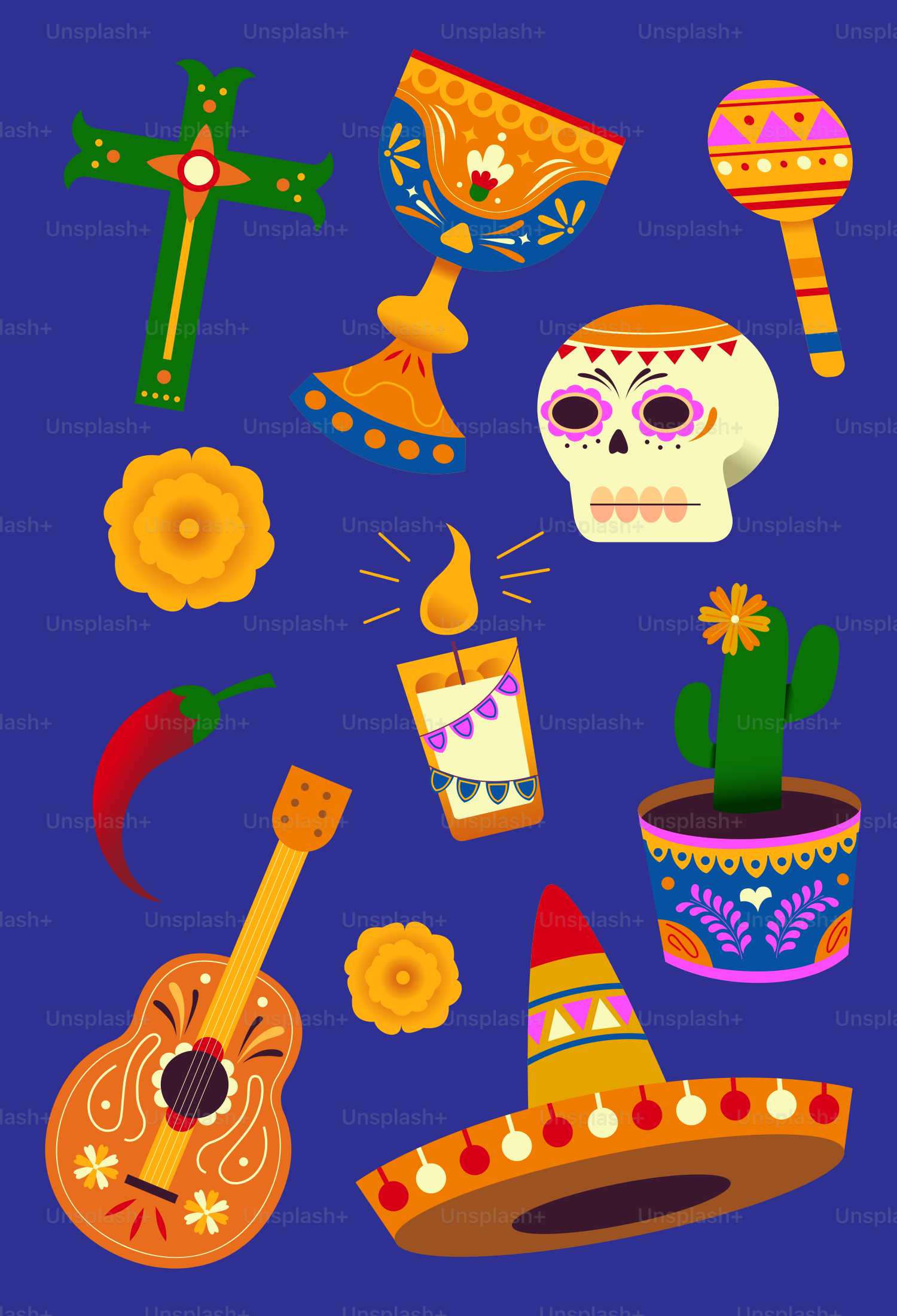 Day of the dead icons including skull, guitar, and maraca.