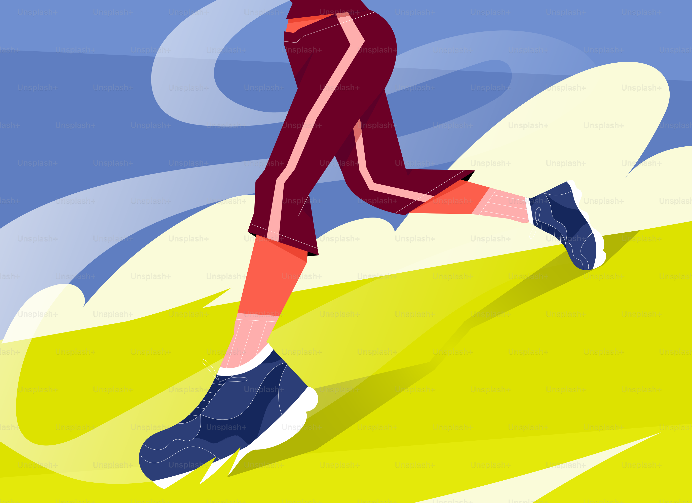 Person running on a grassy hill under blue sky.