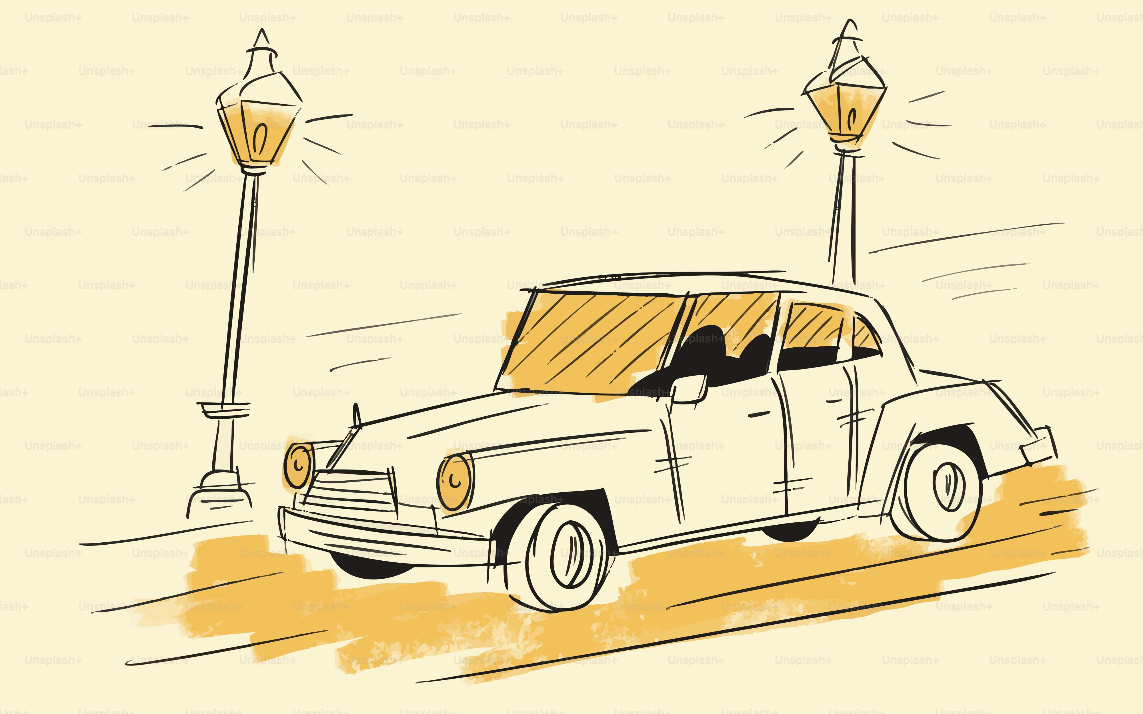 A vintage car drives past streetlights on a road.