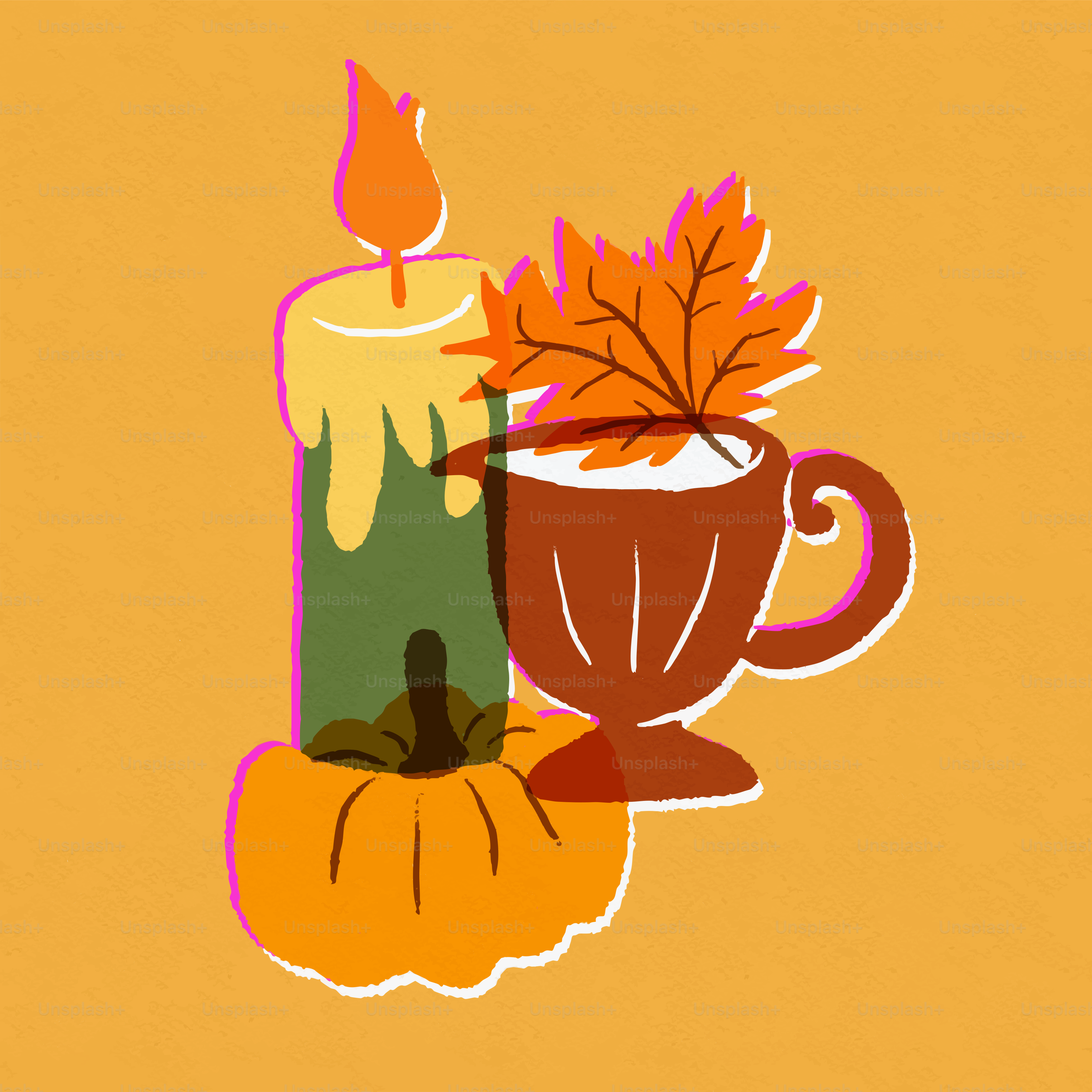 Autumn candle, pumpkin, and hot drink with leaf