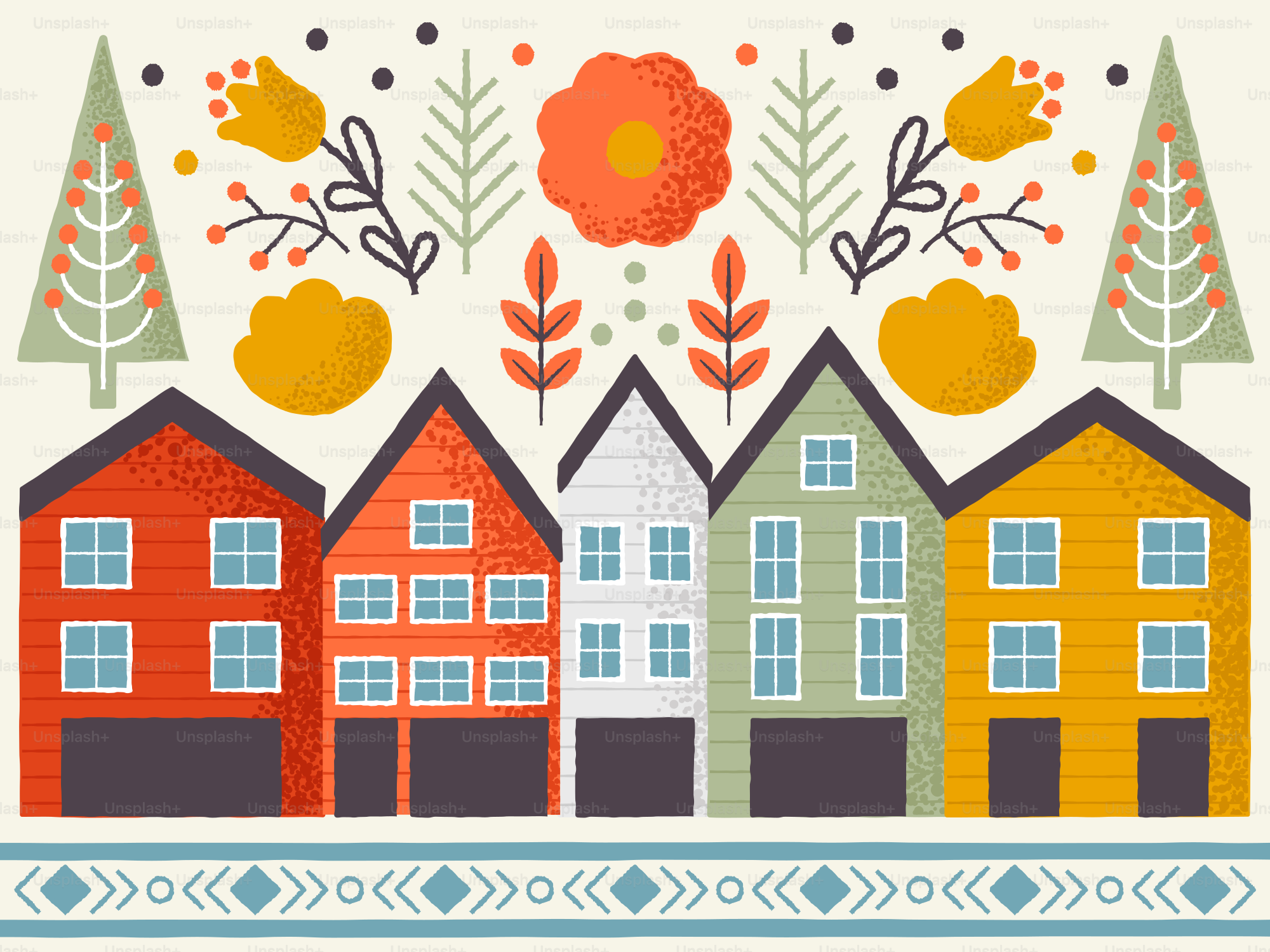 Colorful row of houses with folk art floral patterns.