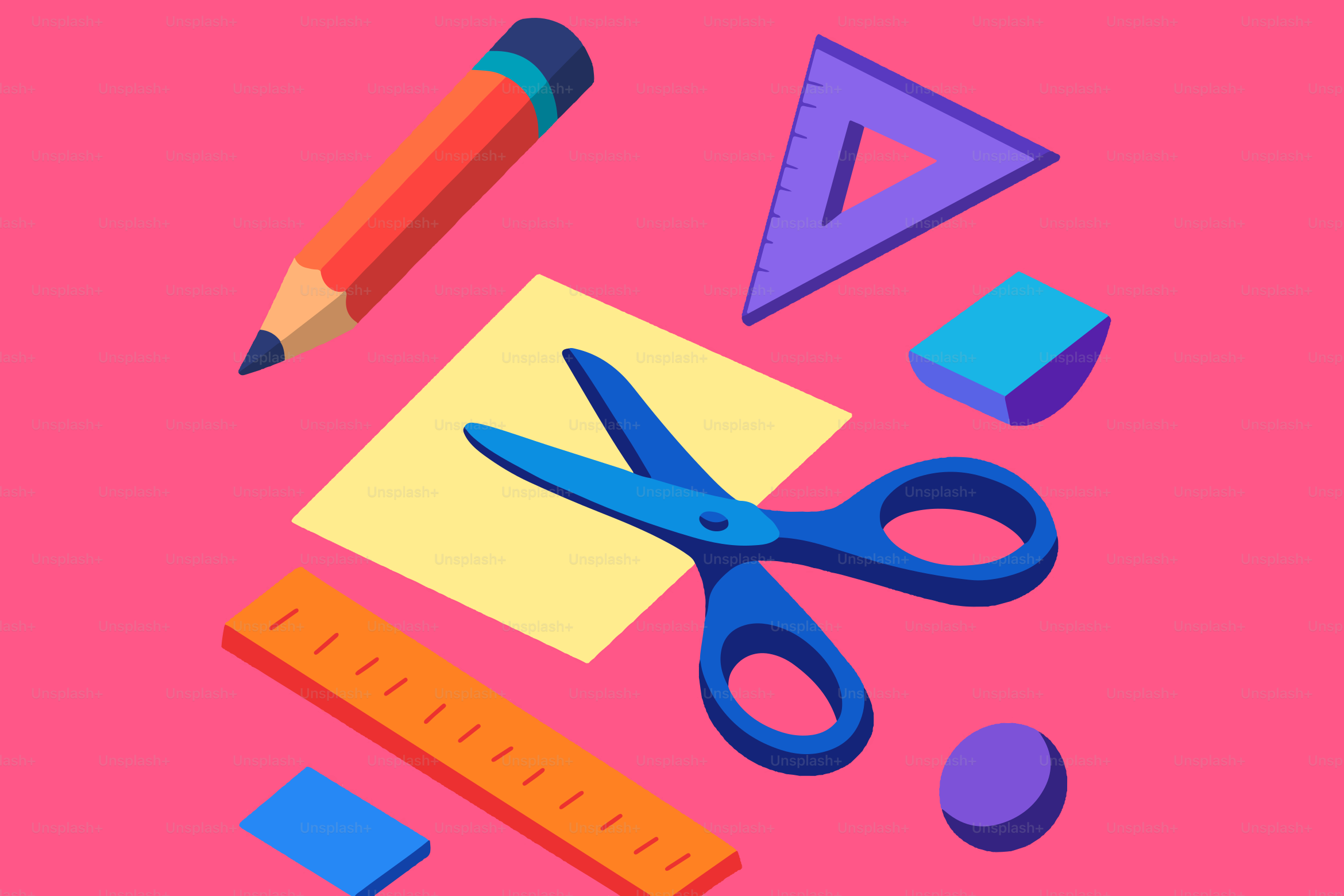 Scissors, ruler, pencil, and eraser on pink background