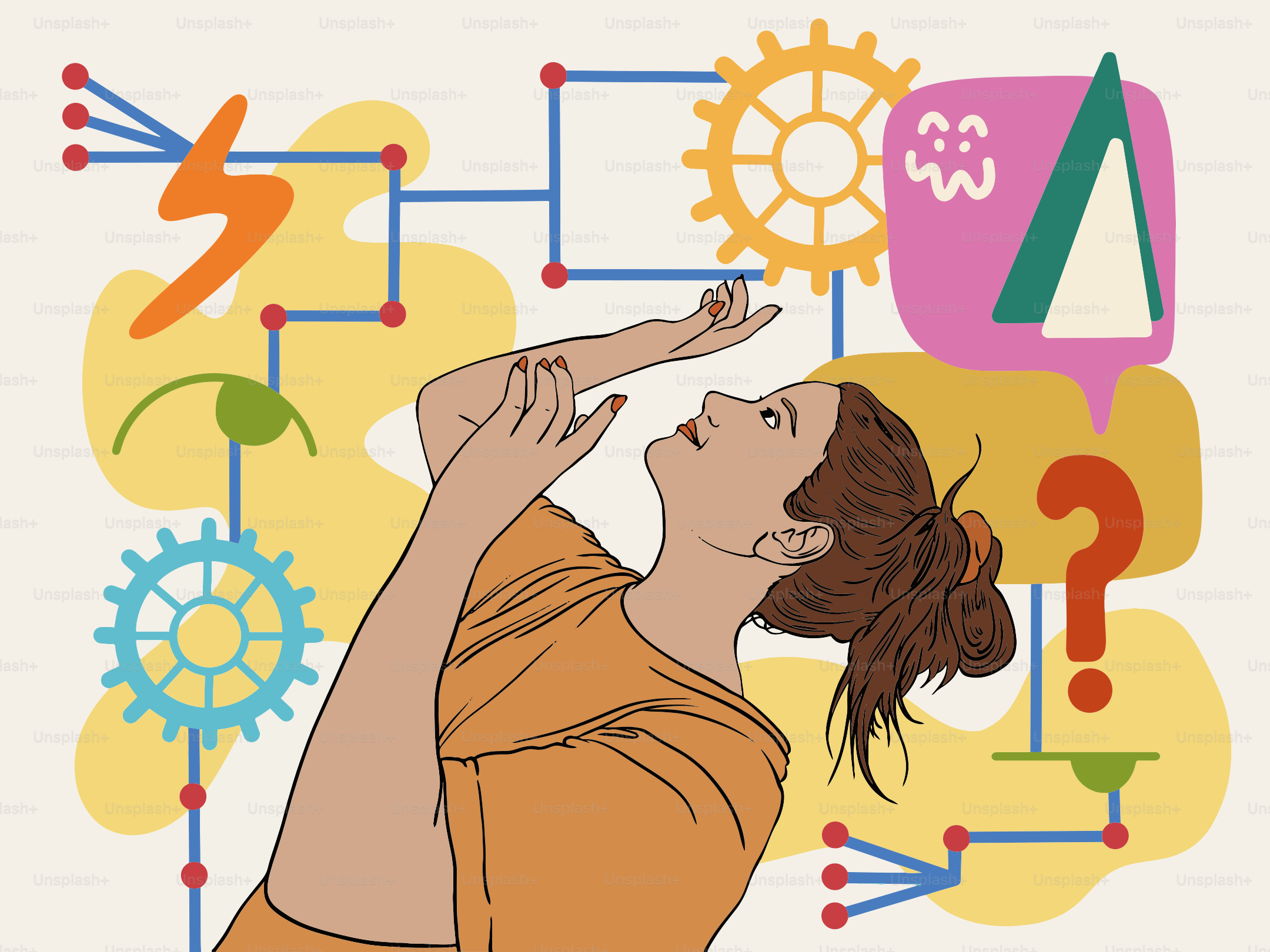 Woman looks up at abstract symbols and gears.