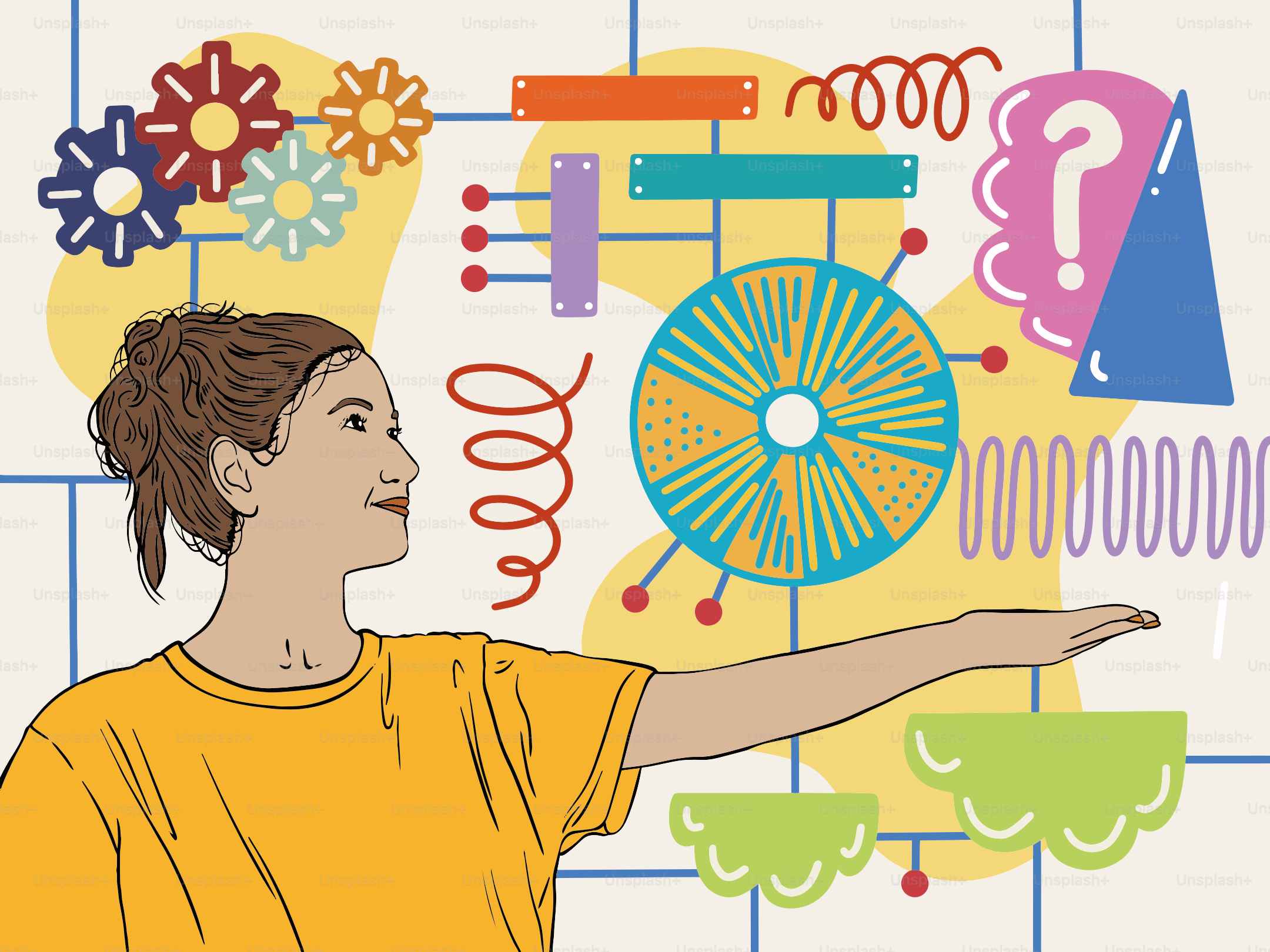 Woman interacting with a colorful abstract machine