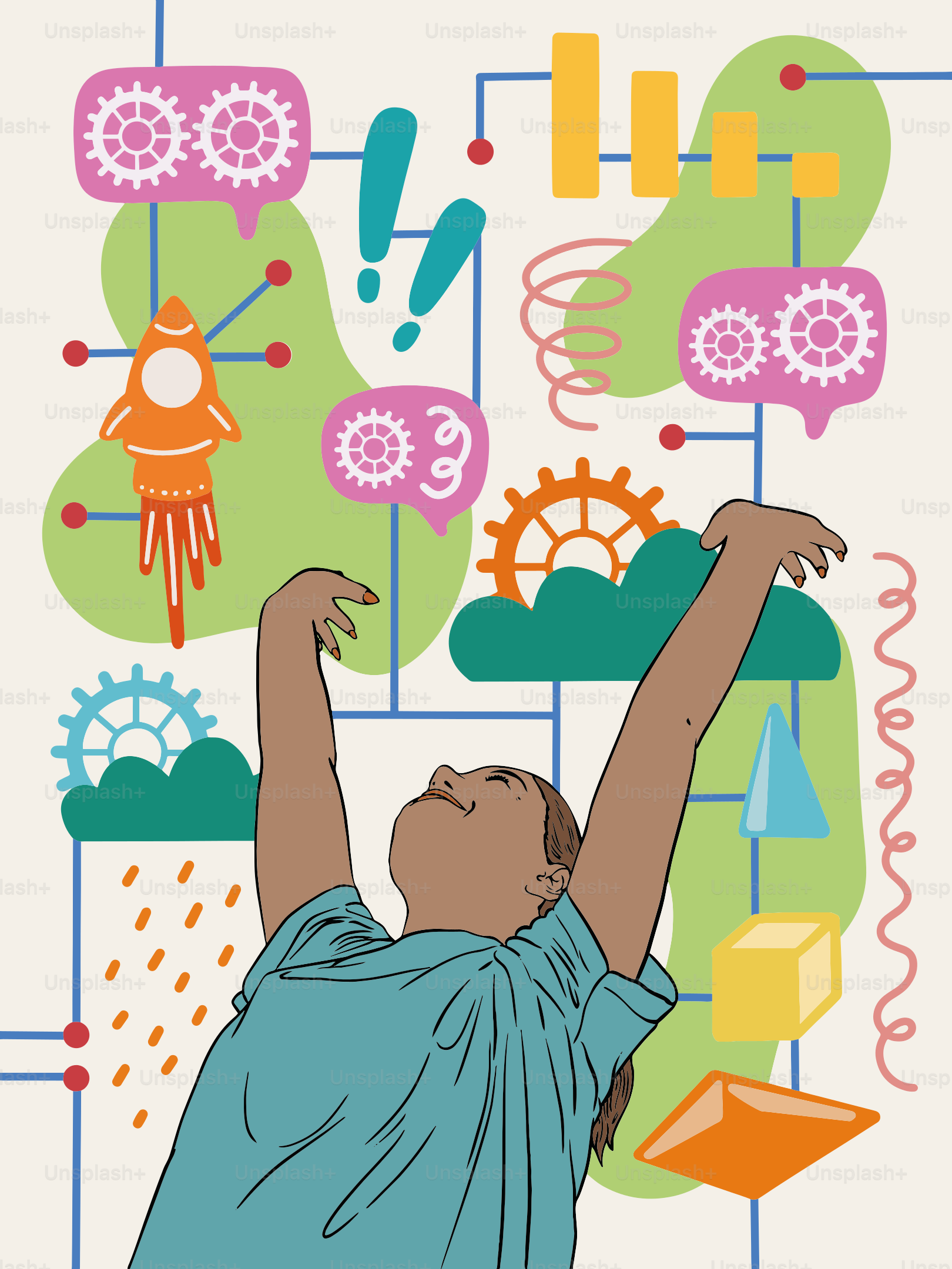 Child reaching up amidst colorful abstract shapes and gears.