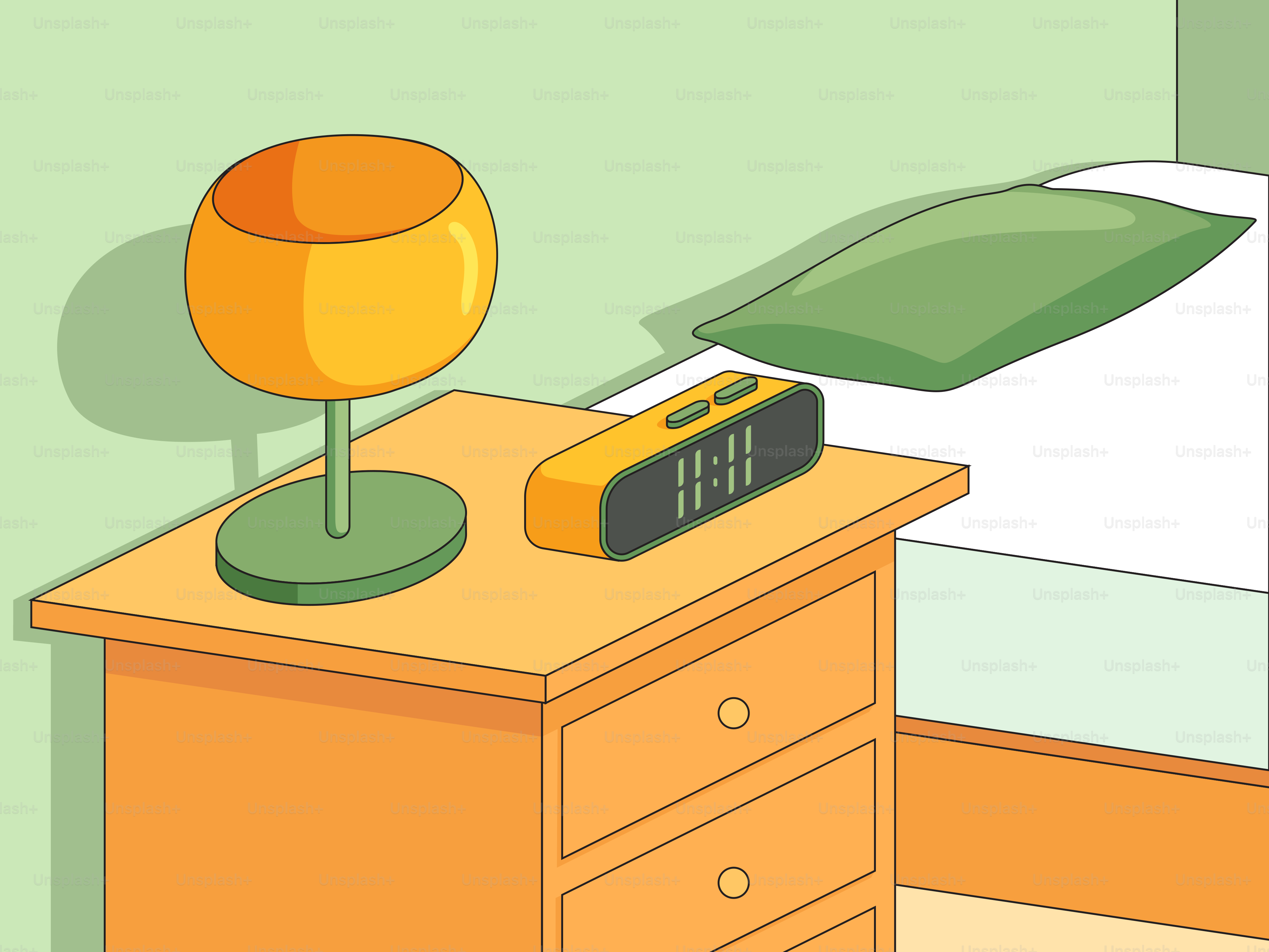 Digital clock and lamp on bedside table