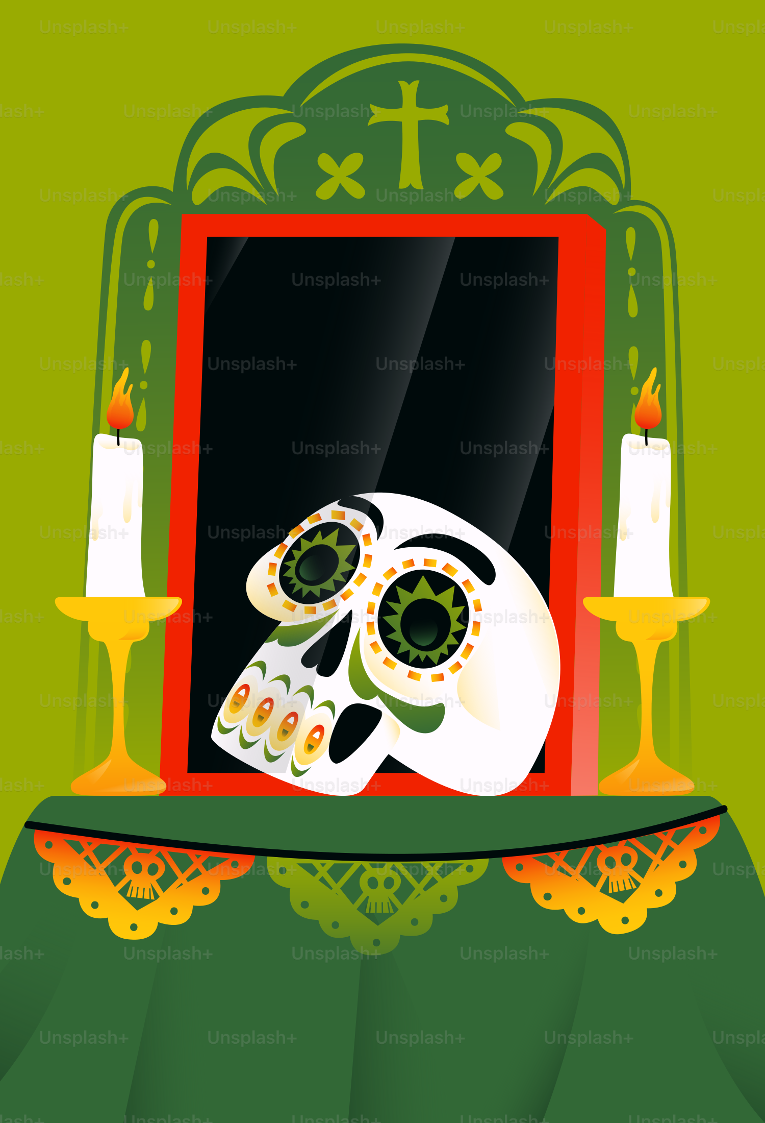 Decorated skull with candles in front of mirror