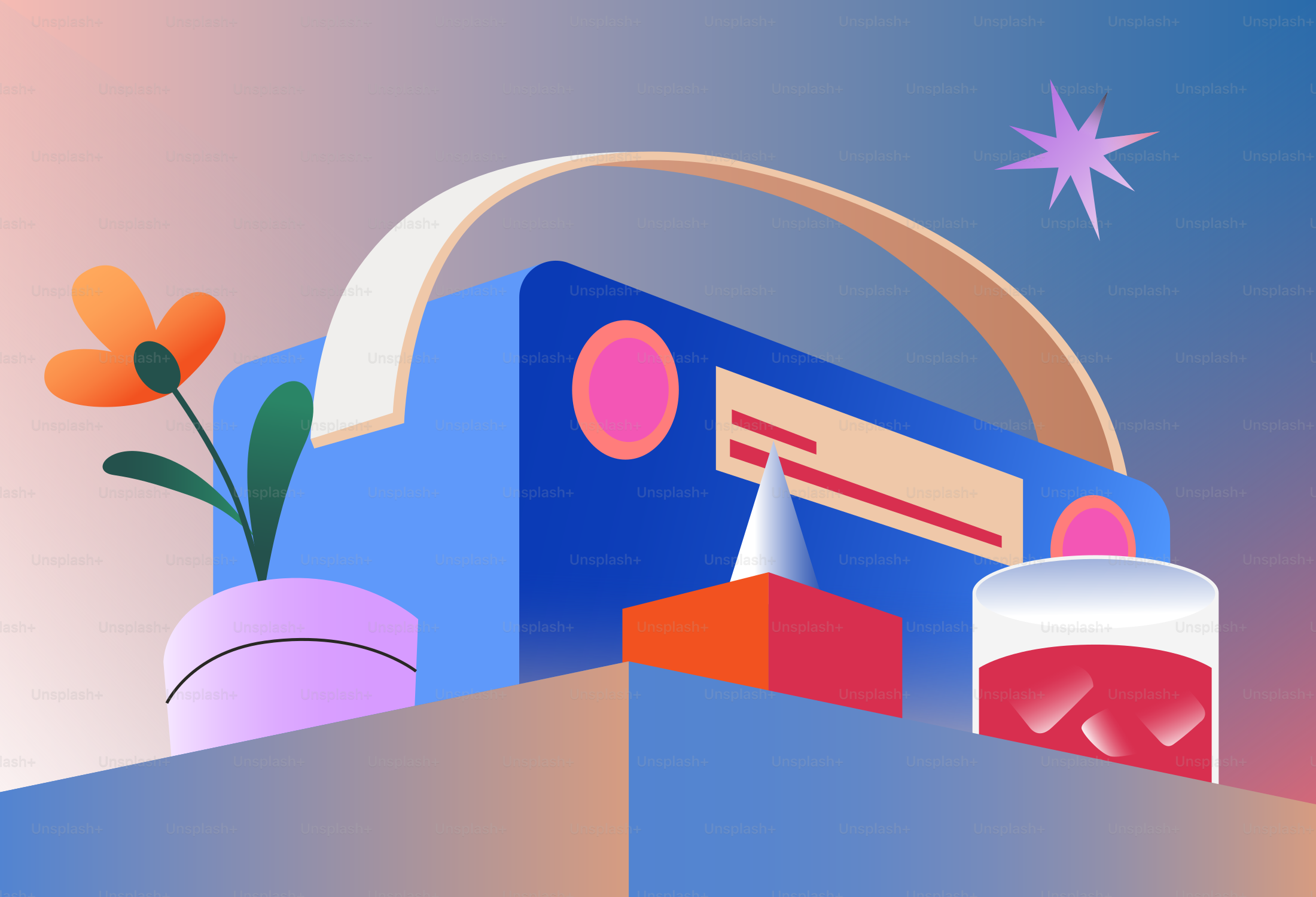 Une radio rétro bleue avec une fleur et une boisson.