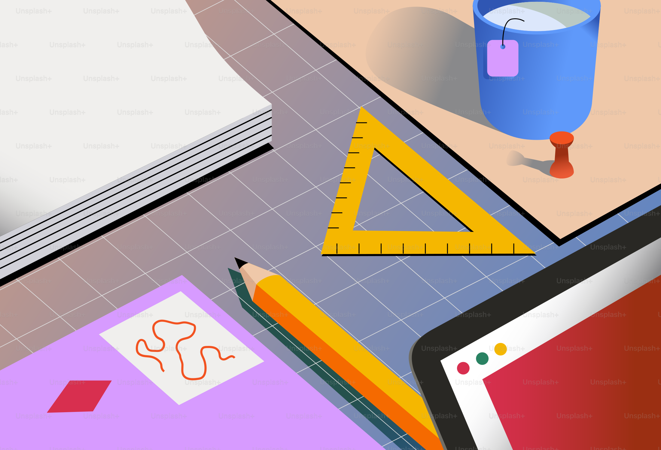 Desk with supplies and a cup of tea.