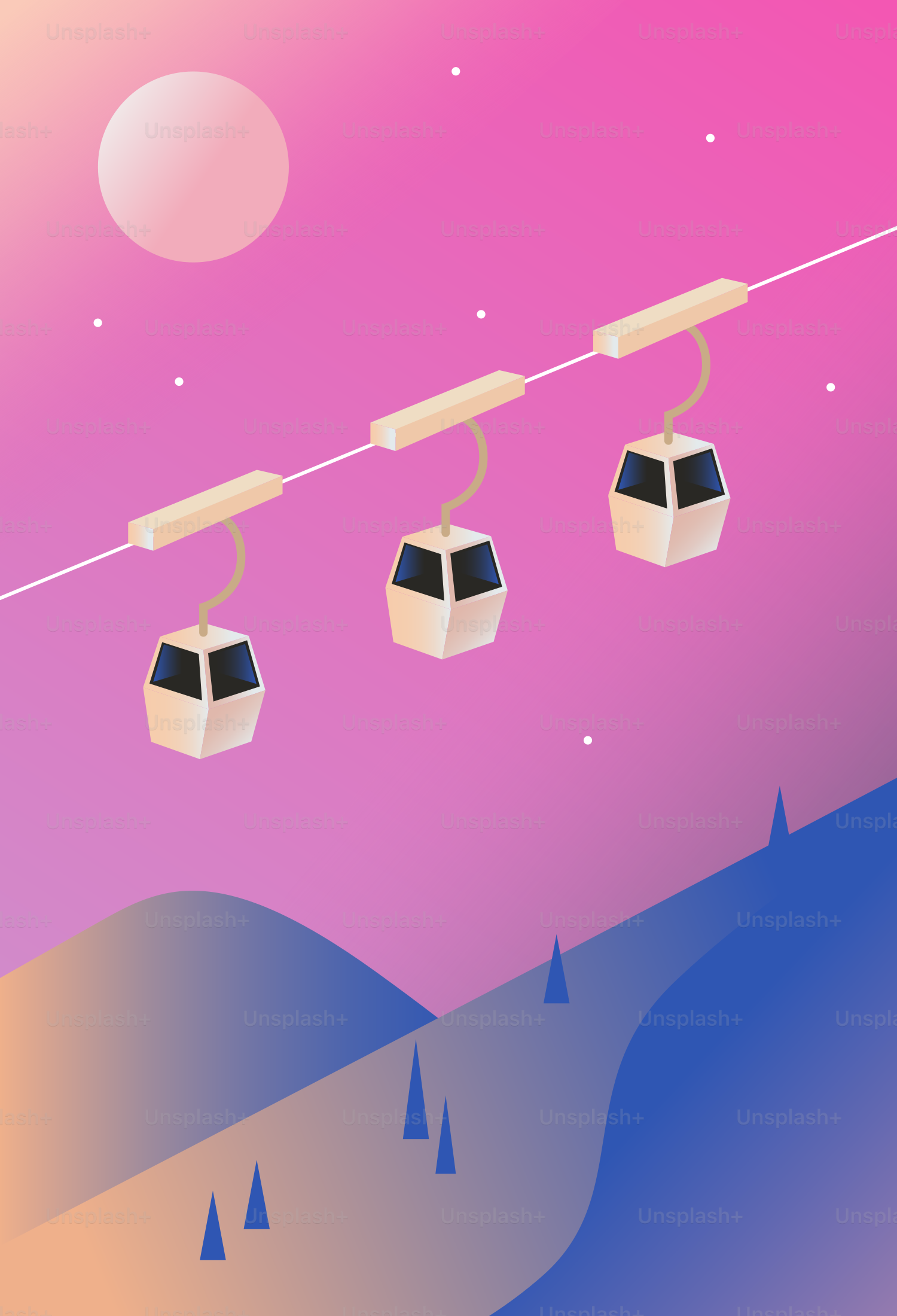 Three cable cars ascend a mountain under a gradient sky.