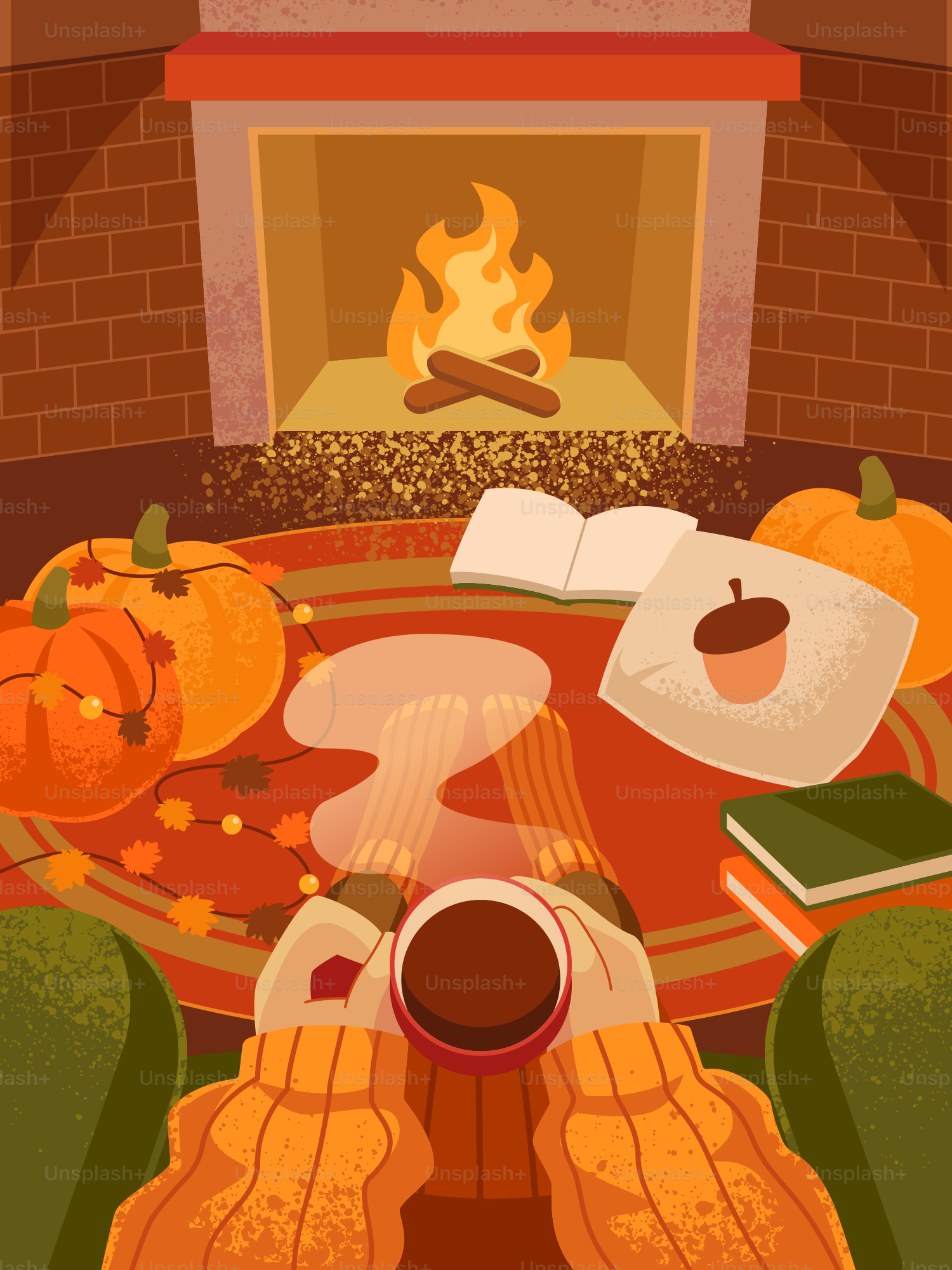 Cozy autumn scene with fireplace and warm drink. vector – House Image ...