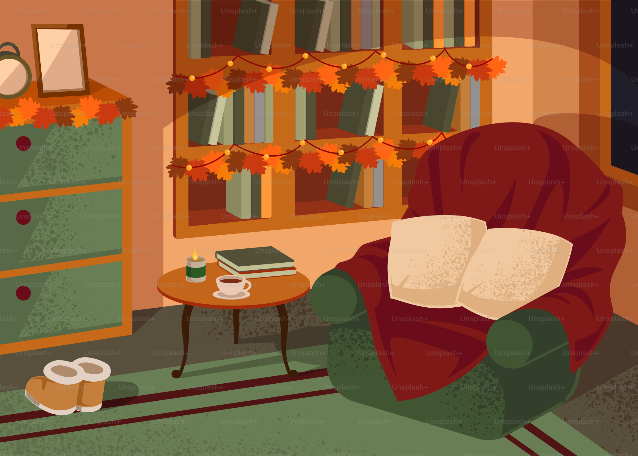 Poltrona accogliente con coperta e libri