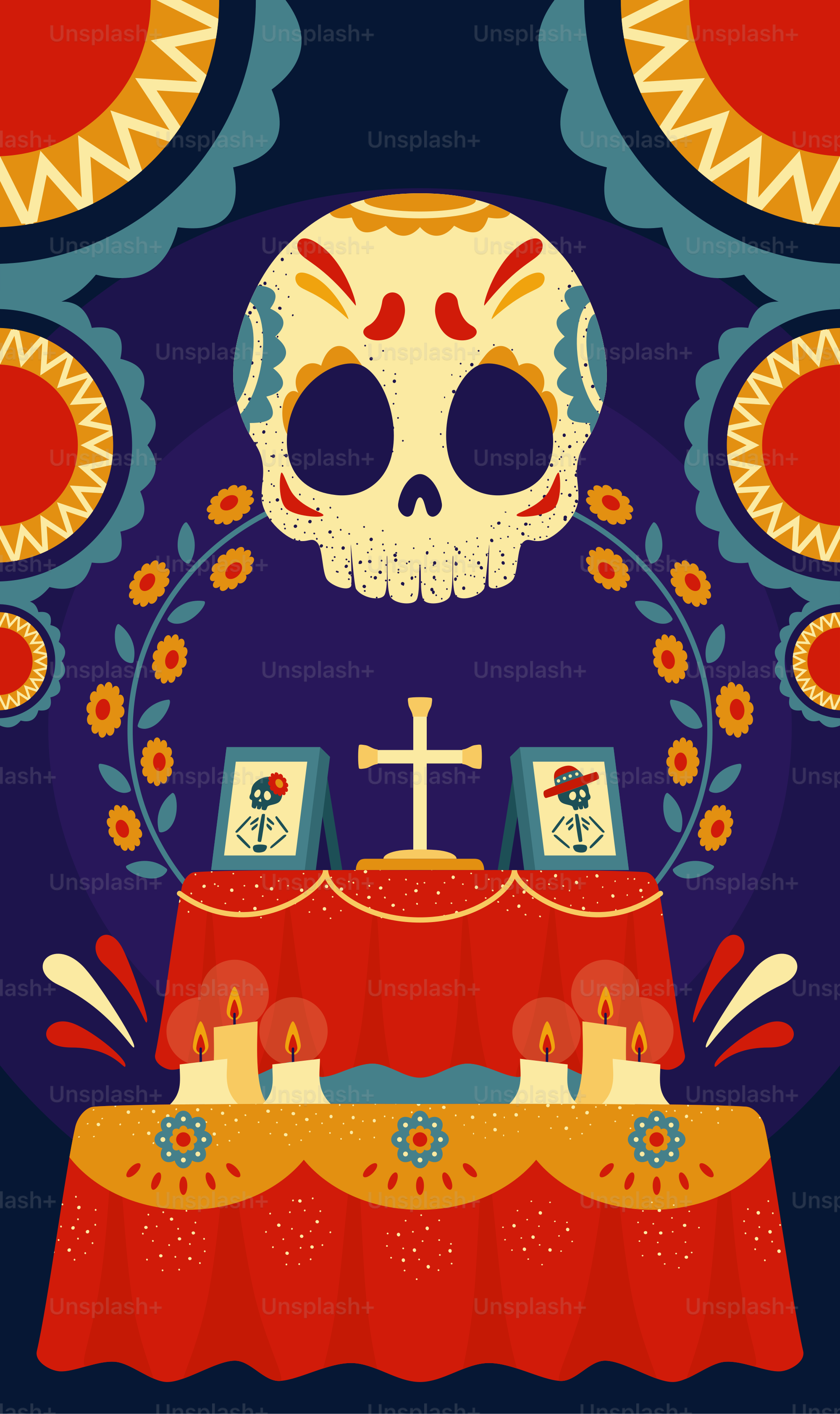 Day of the dead altar with skull and candles