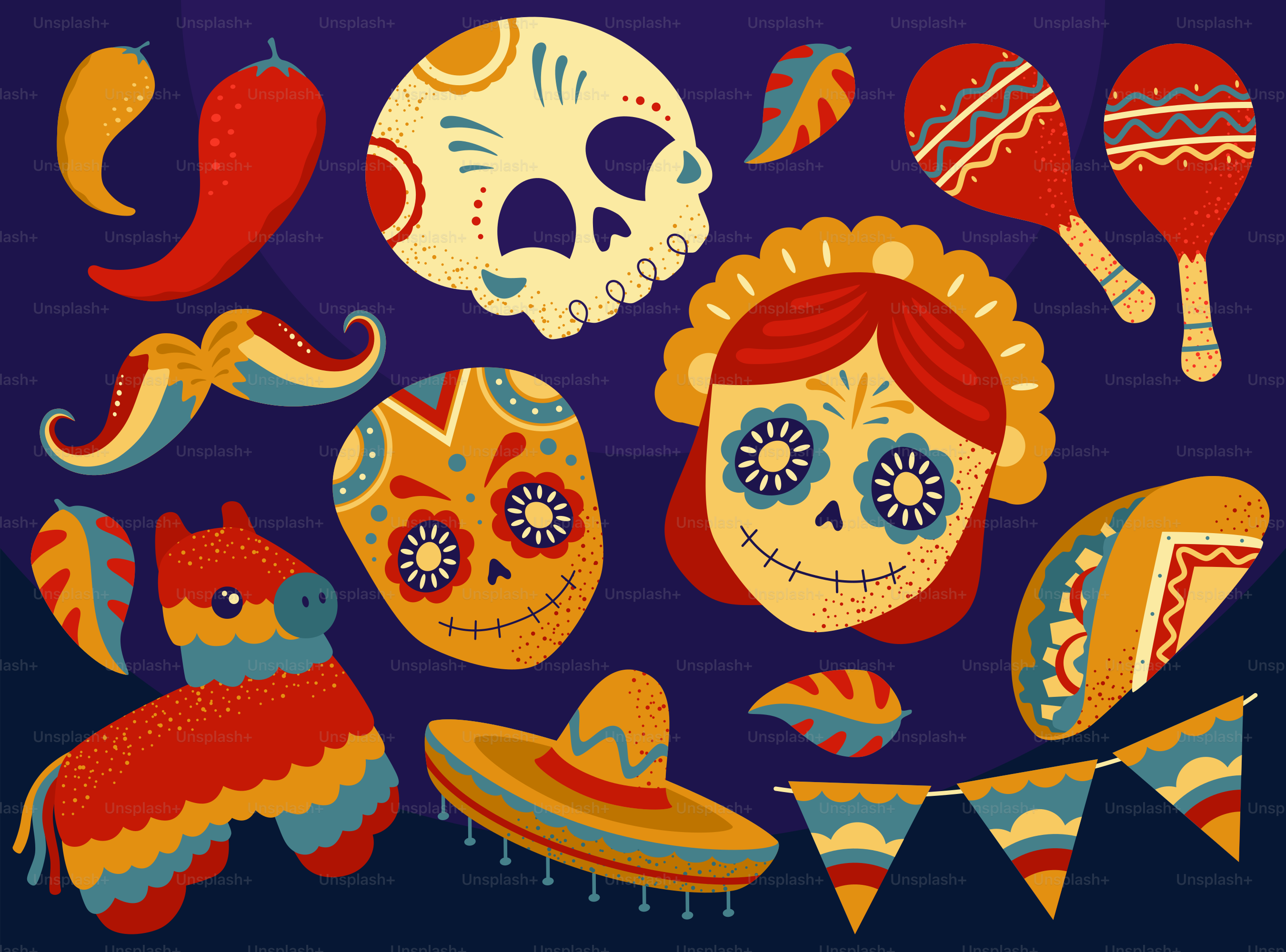 Day of the dead sugar skulls, maracas, and pinata decorations.