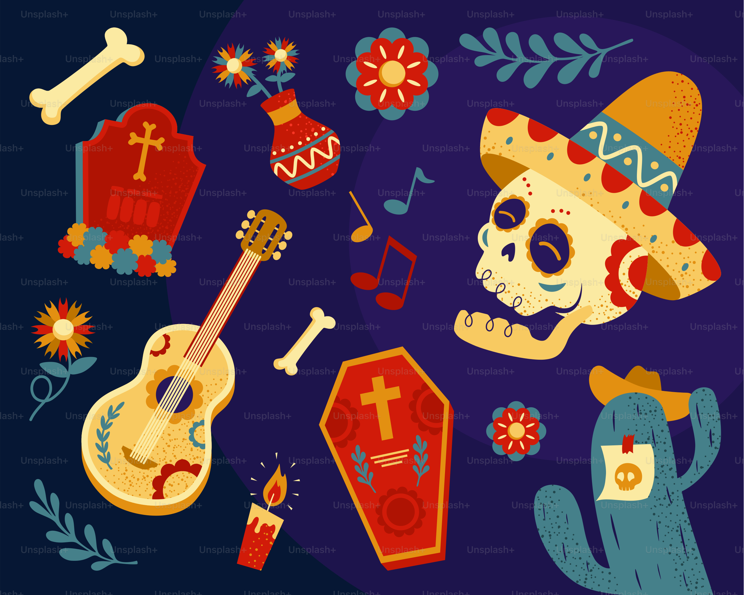 Day of the dead elements with skull, guitar, and tombstone.