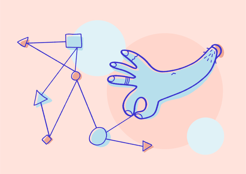 Hand connecting nodes in a network diagram.