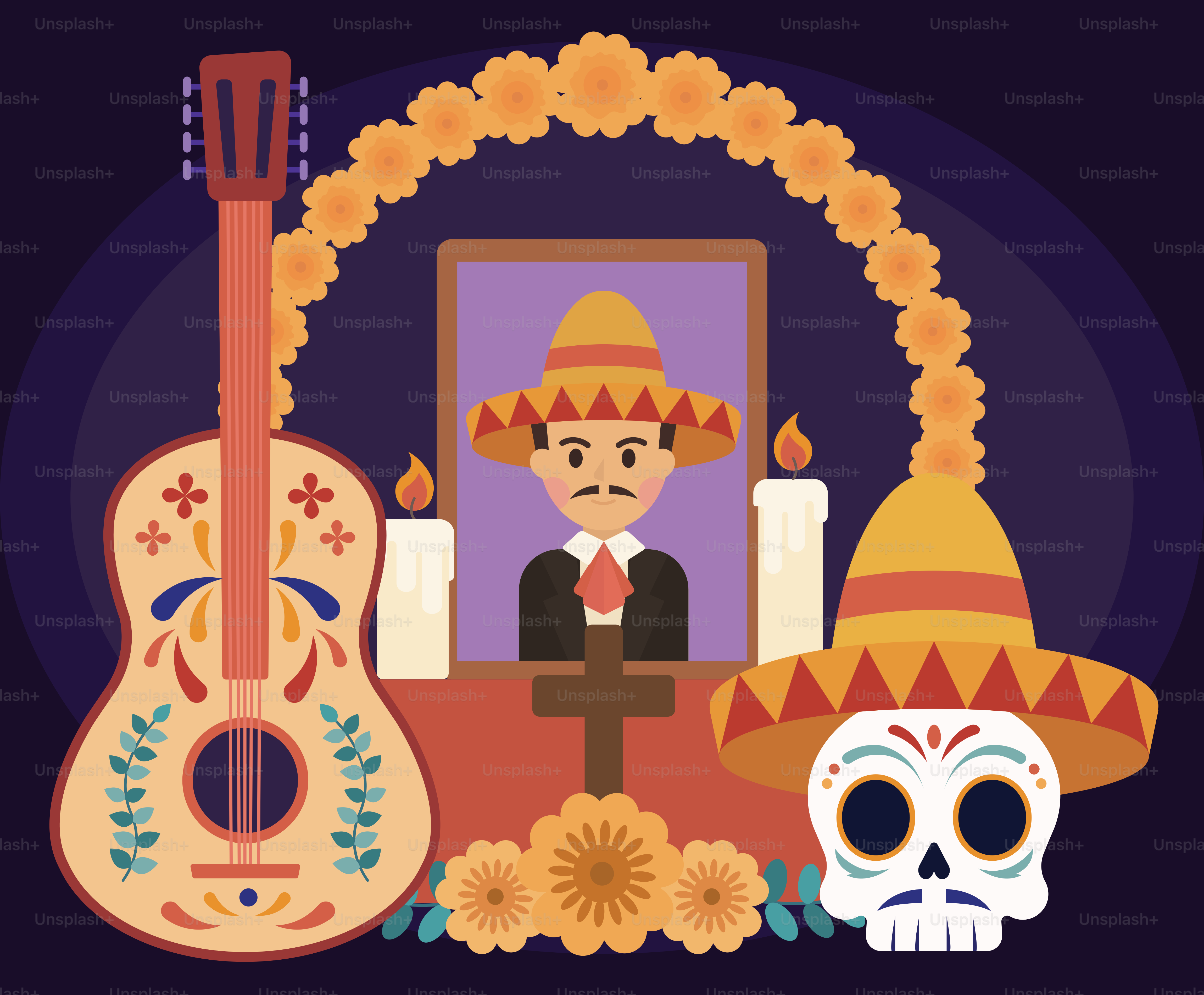 Vektor Hari altar mati dengan gitar dan tengkorak. – Gambar Potret di ...