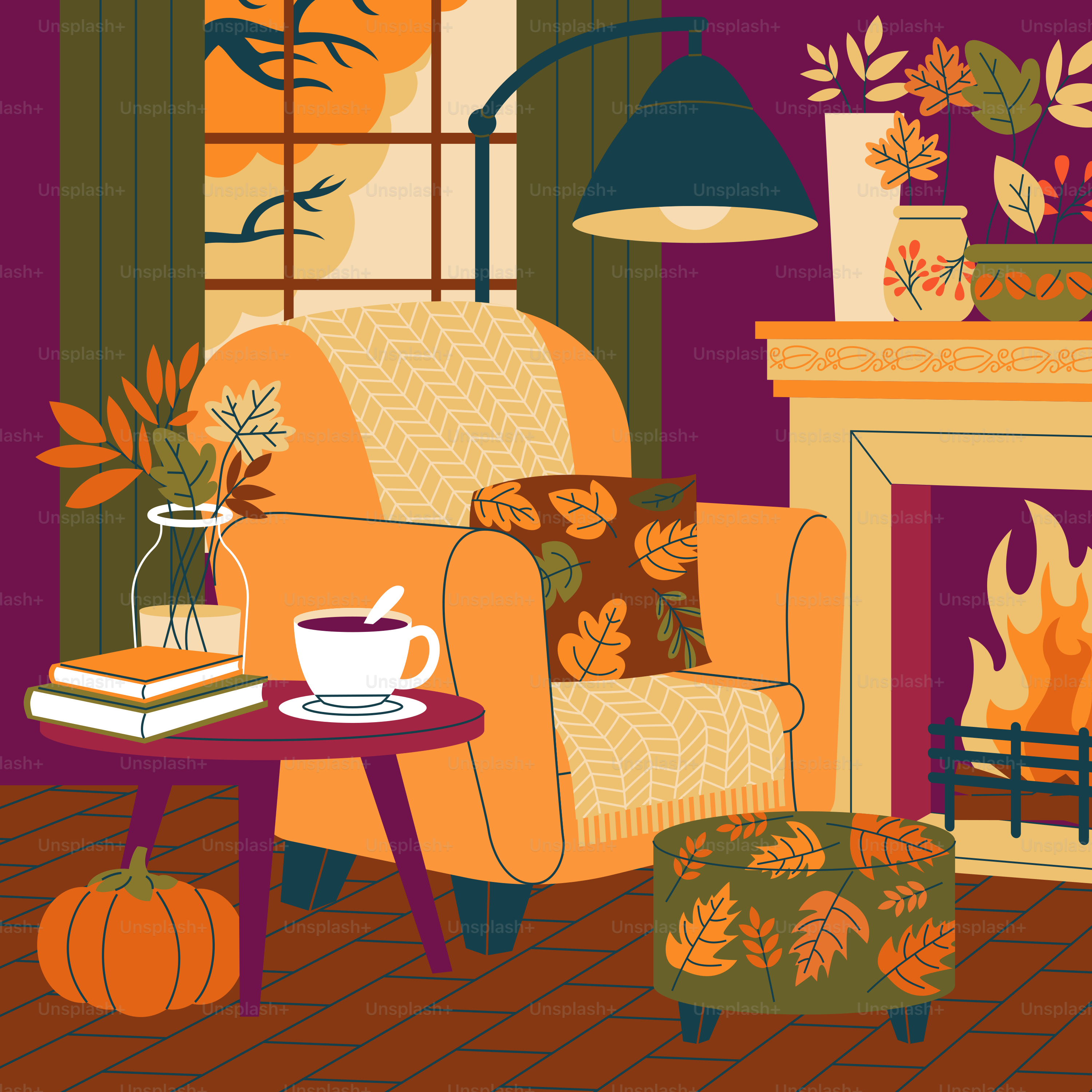 Cozy armchair with autumn decor and fireplace.