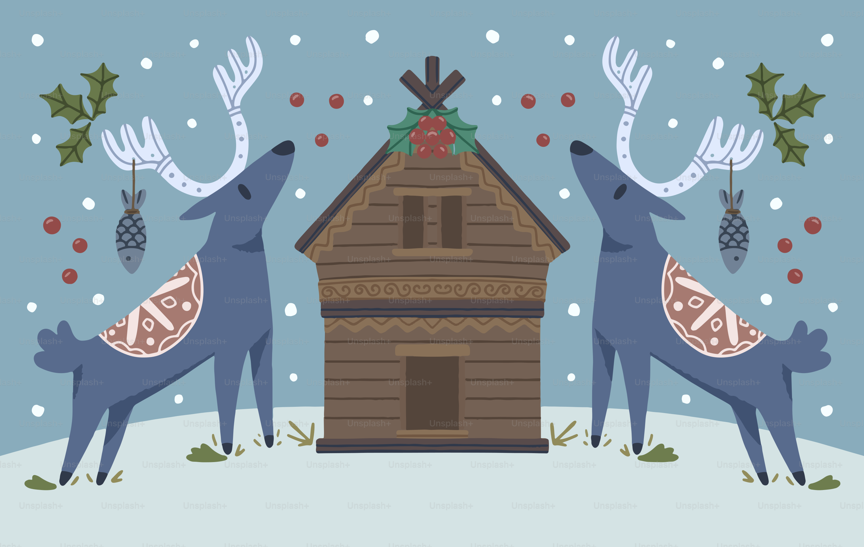 Two reindeer flank a wooden cabin in winter.