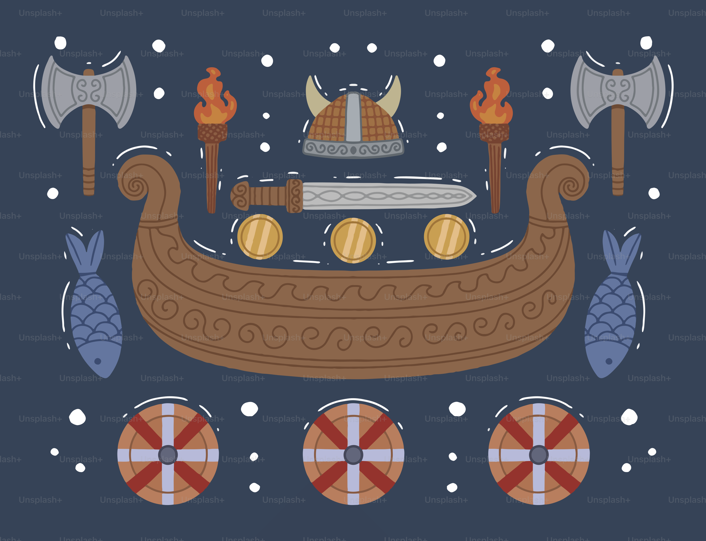 Viking longship with shields, axes, and torches