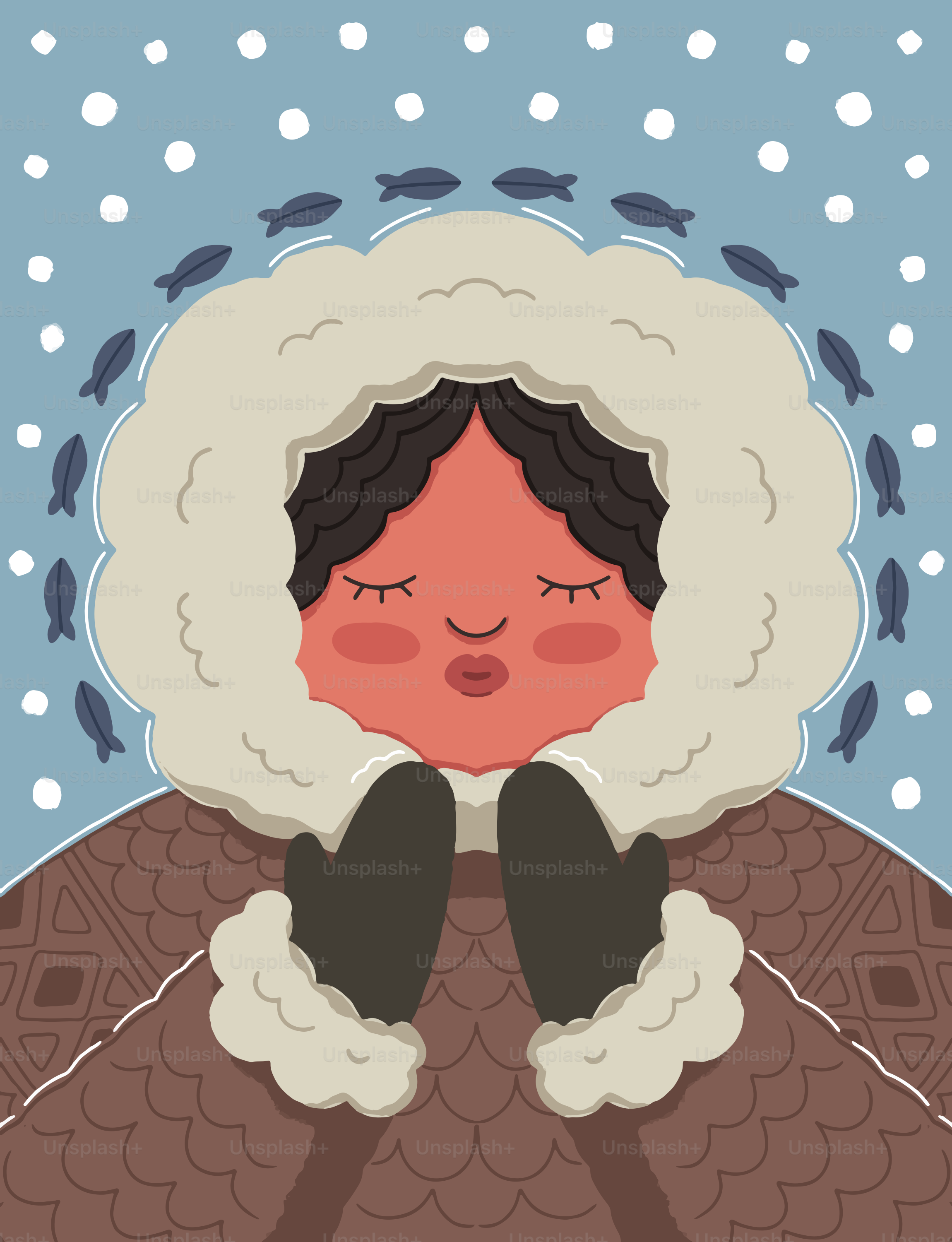 Person in a fur-lined hooded coat with fish around head