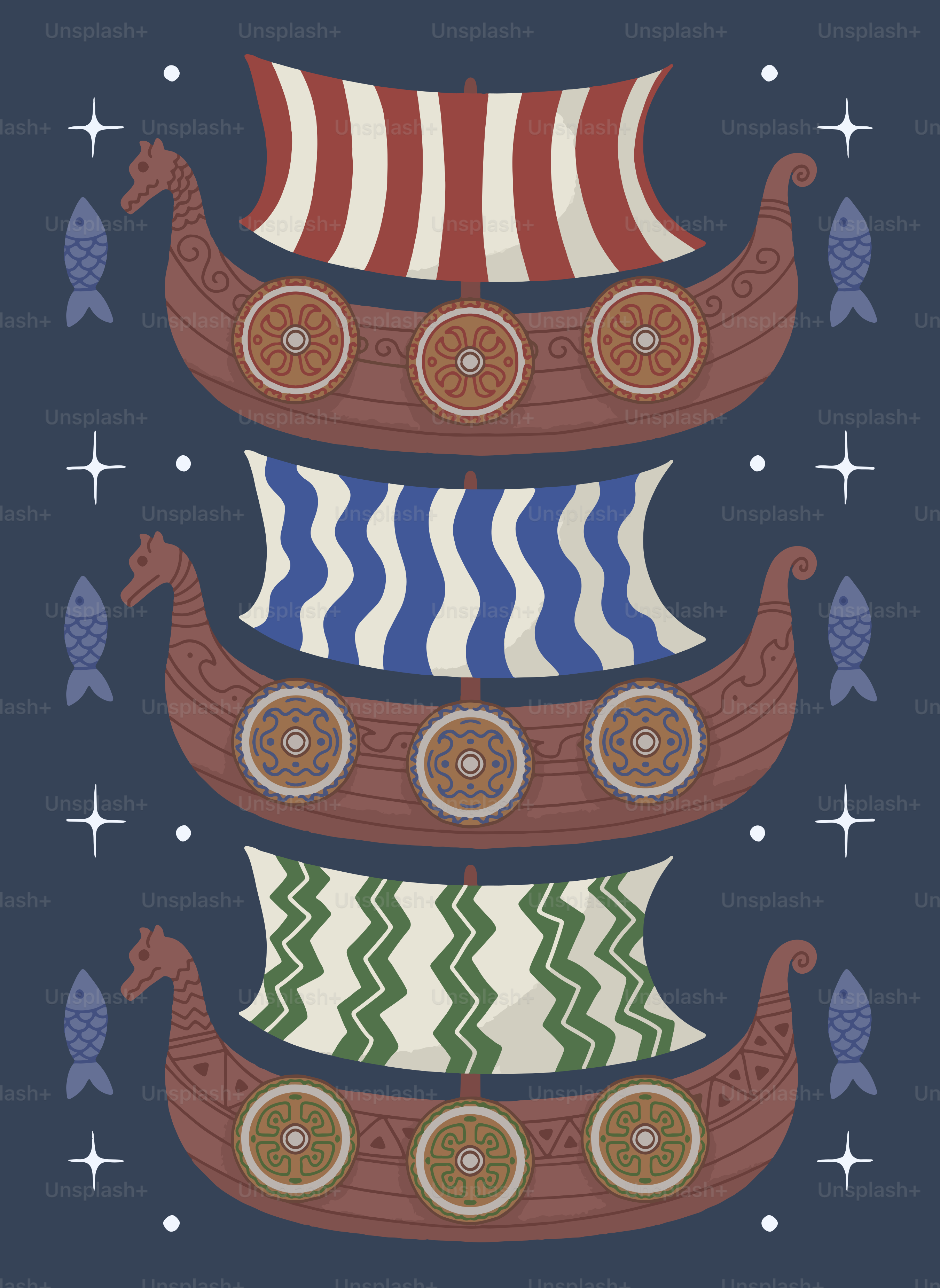 Three viking longships with patterned sails and fish.