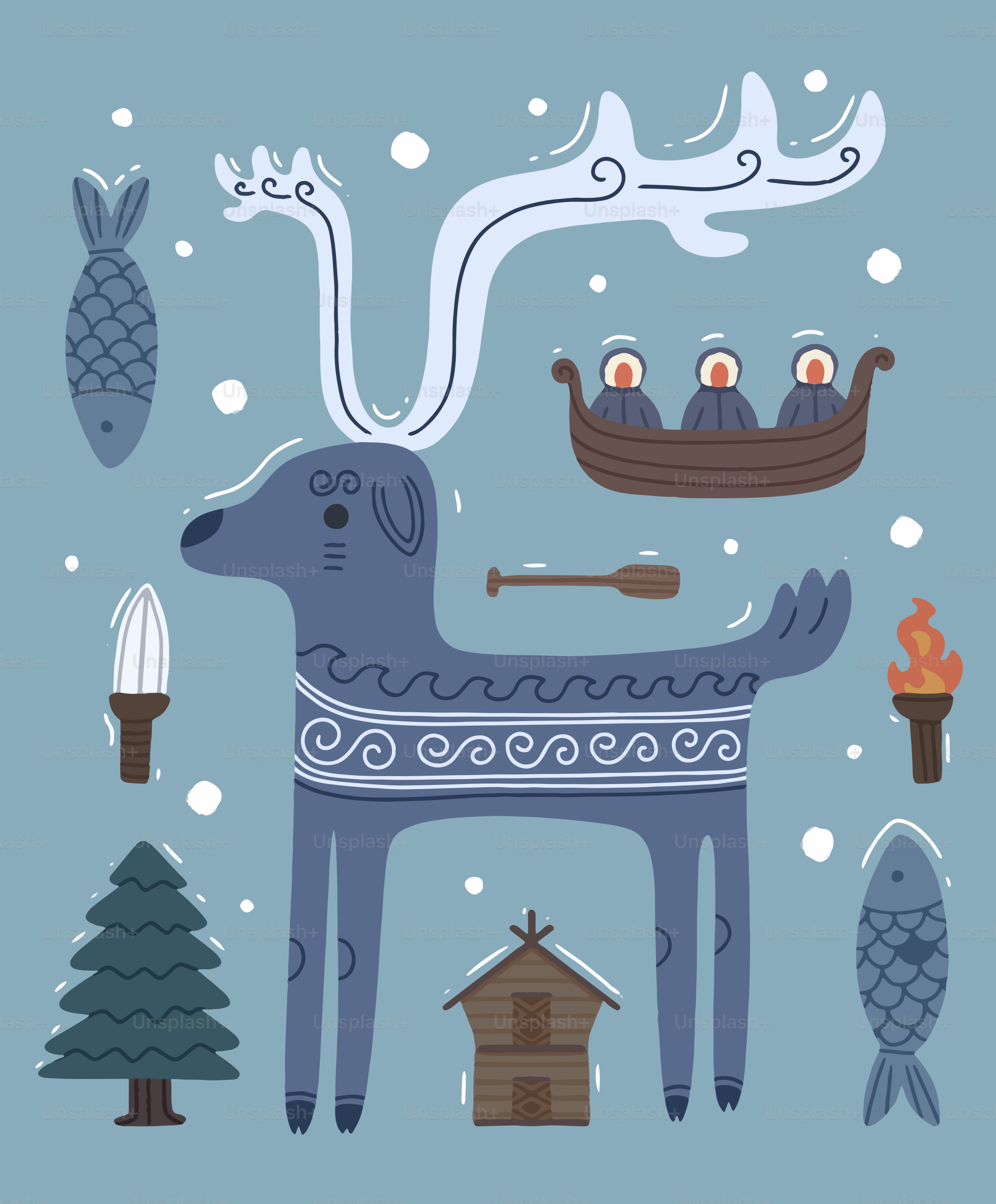 Stylized deer with winter elements and boat.