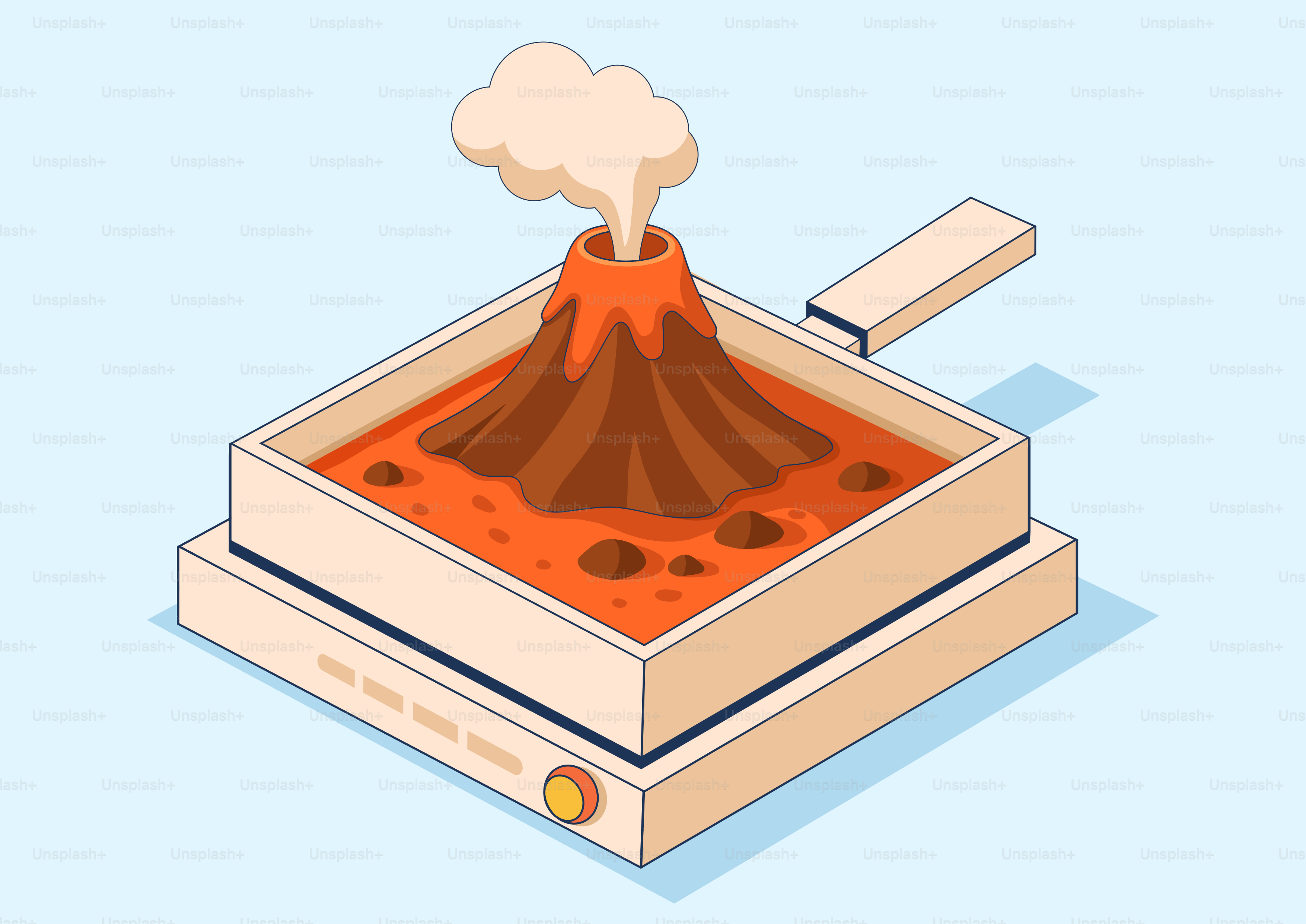 Vulcão em erupção em uma panela quadrada