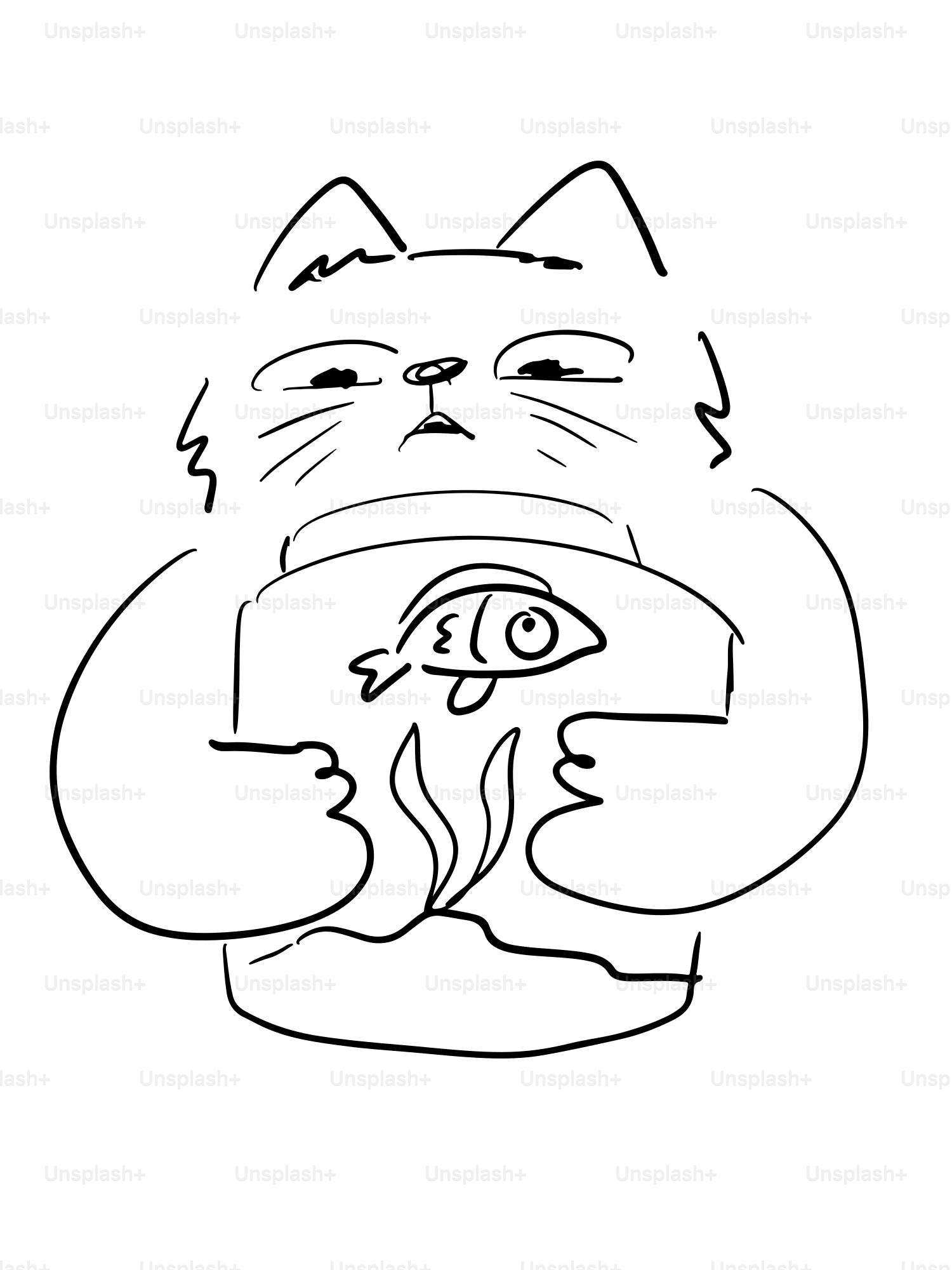 A cat holds a fishbowl with a grumpy expression.