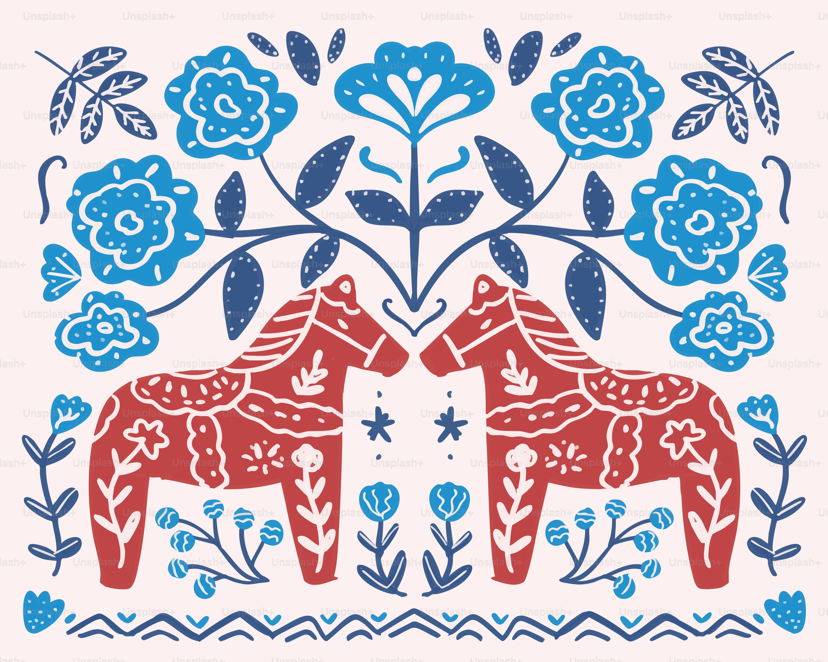 Two red horses with blue floral motifs