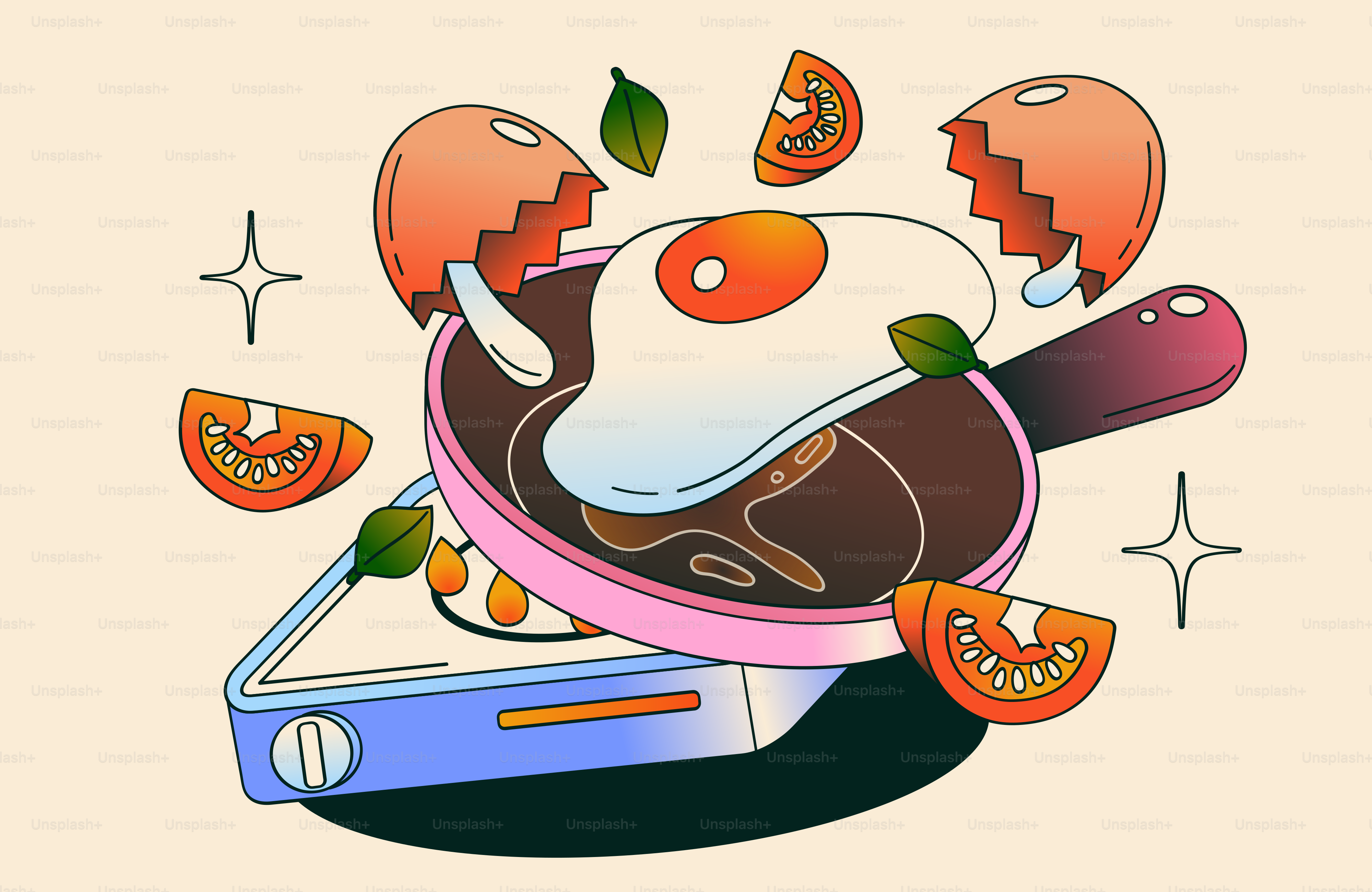 Fried egg with tomato slices and basil leaves