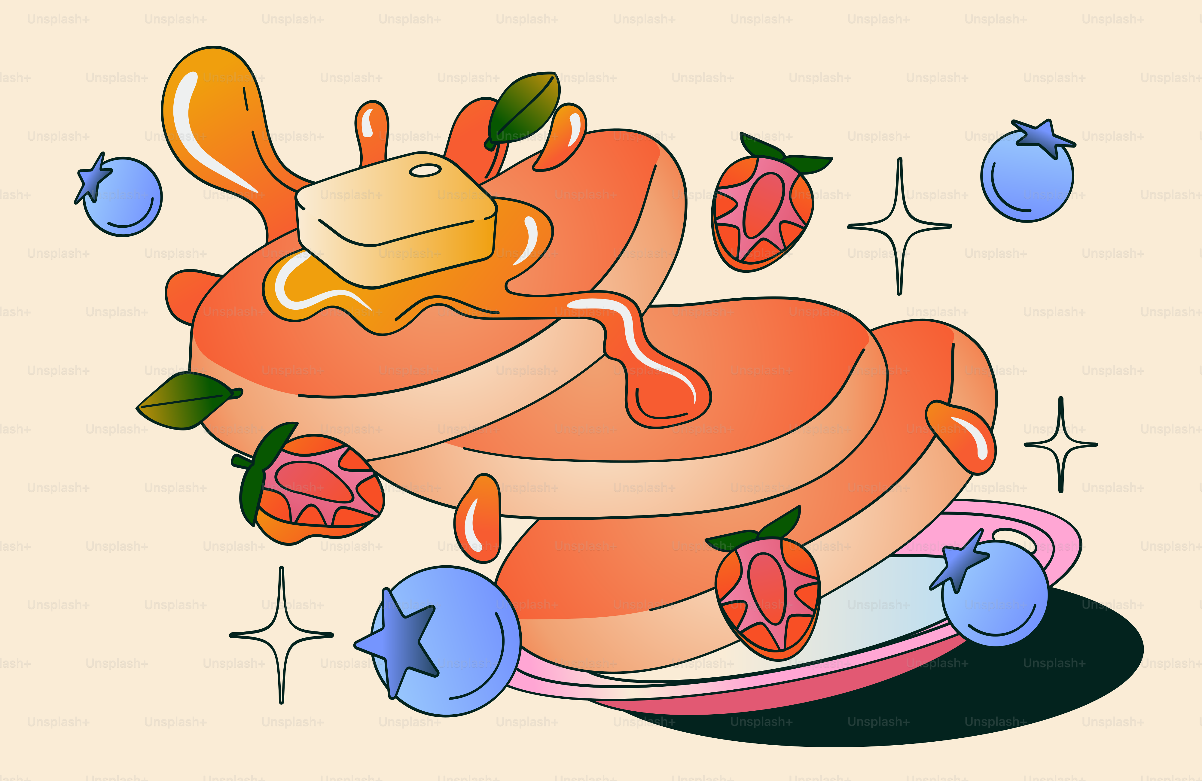 Stack of fluffy pancakes with butter, syrup, and berries.