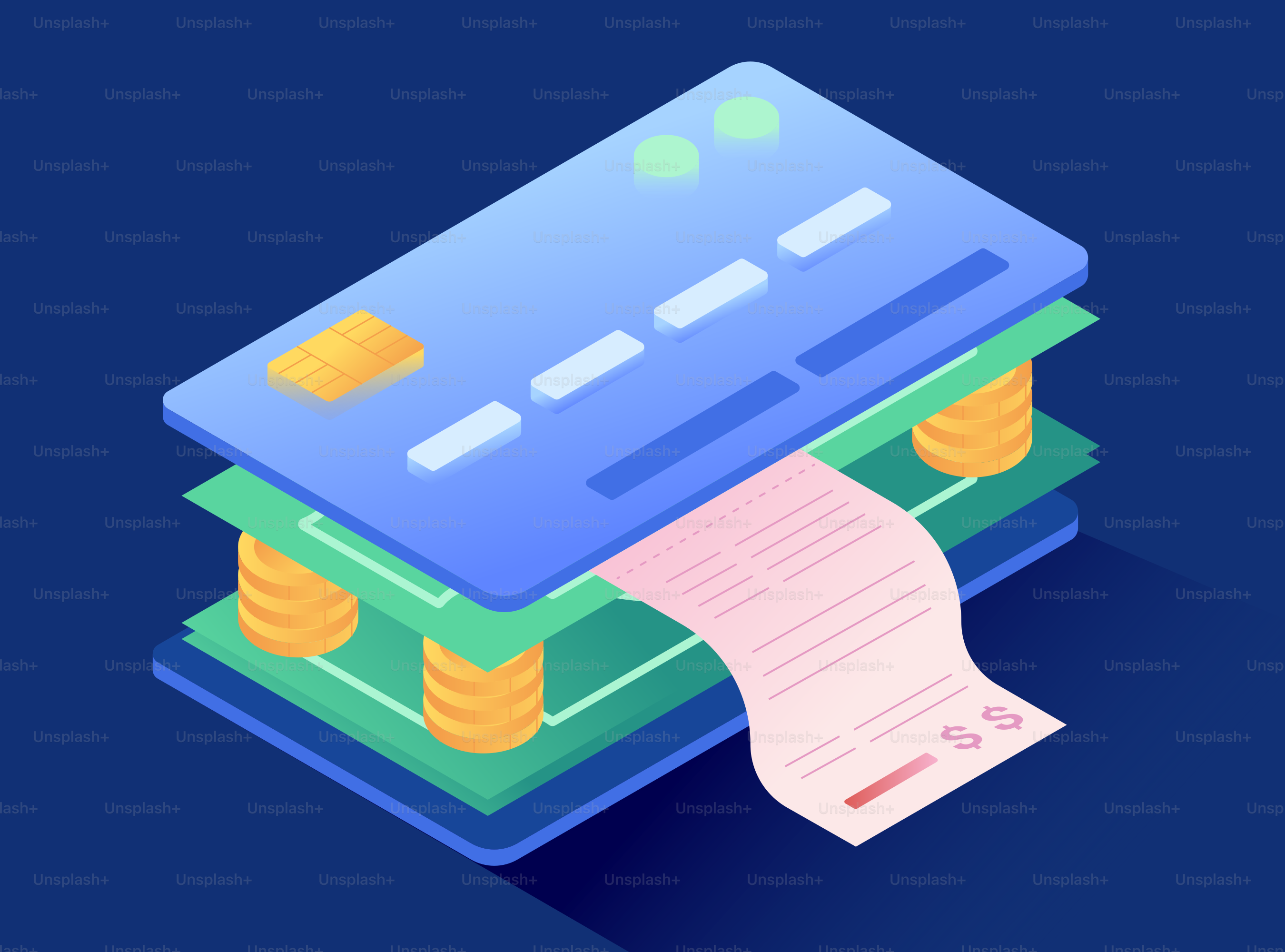 Stacked credit cards with coins and receipt illustration