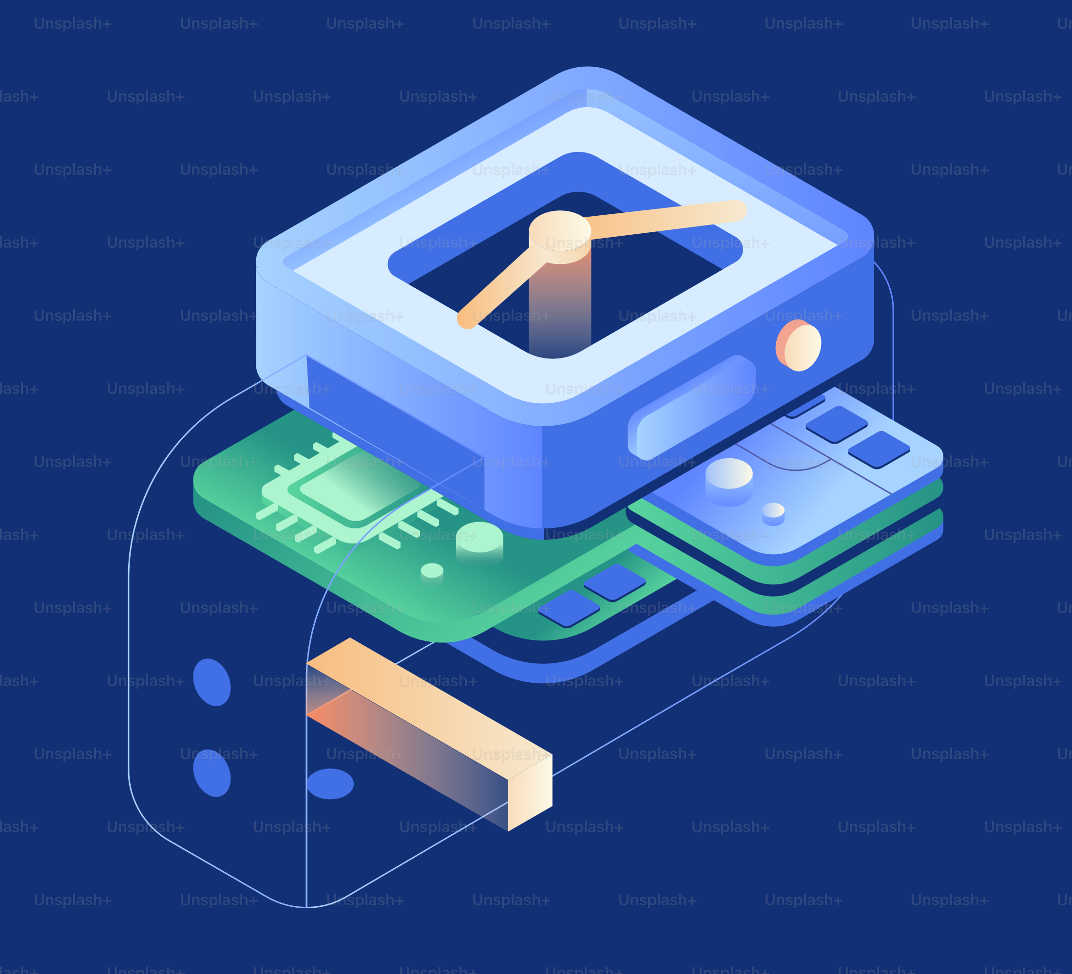 Abstract digital technology components on blue background.