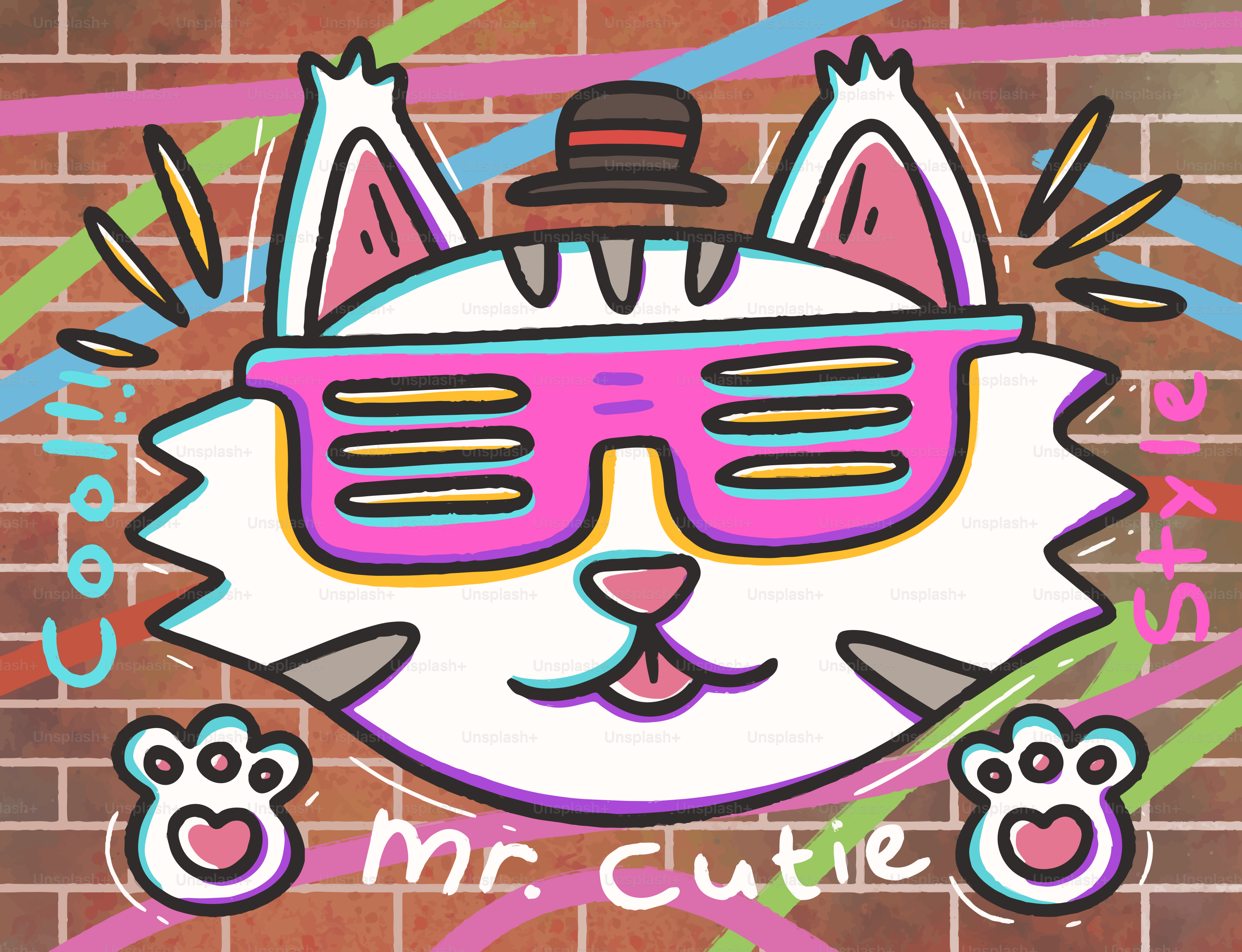 Un chat de dessin animé portant des lunettes de soleil et un chapeau.