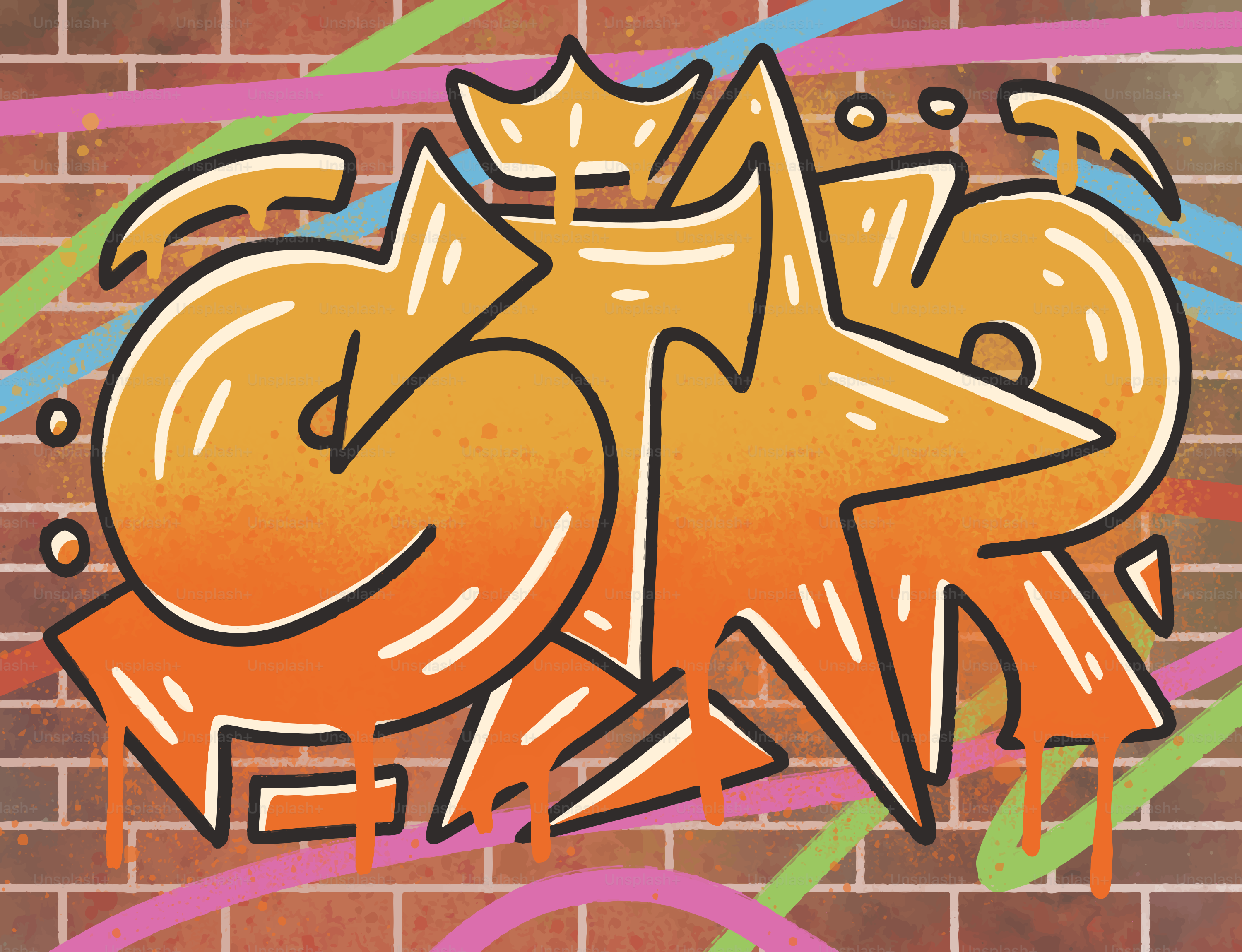 Orangefarbene Graffiti-Kunst an der Backsteinwand mit bunten Linien