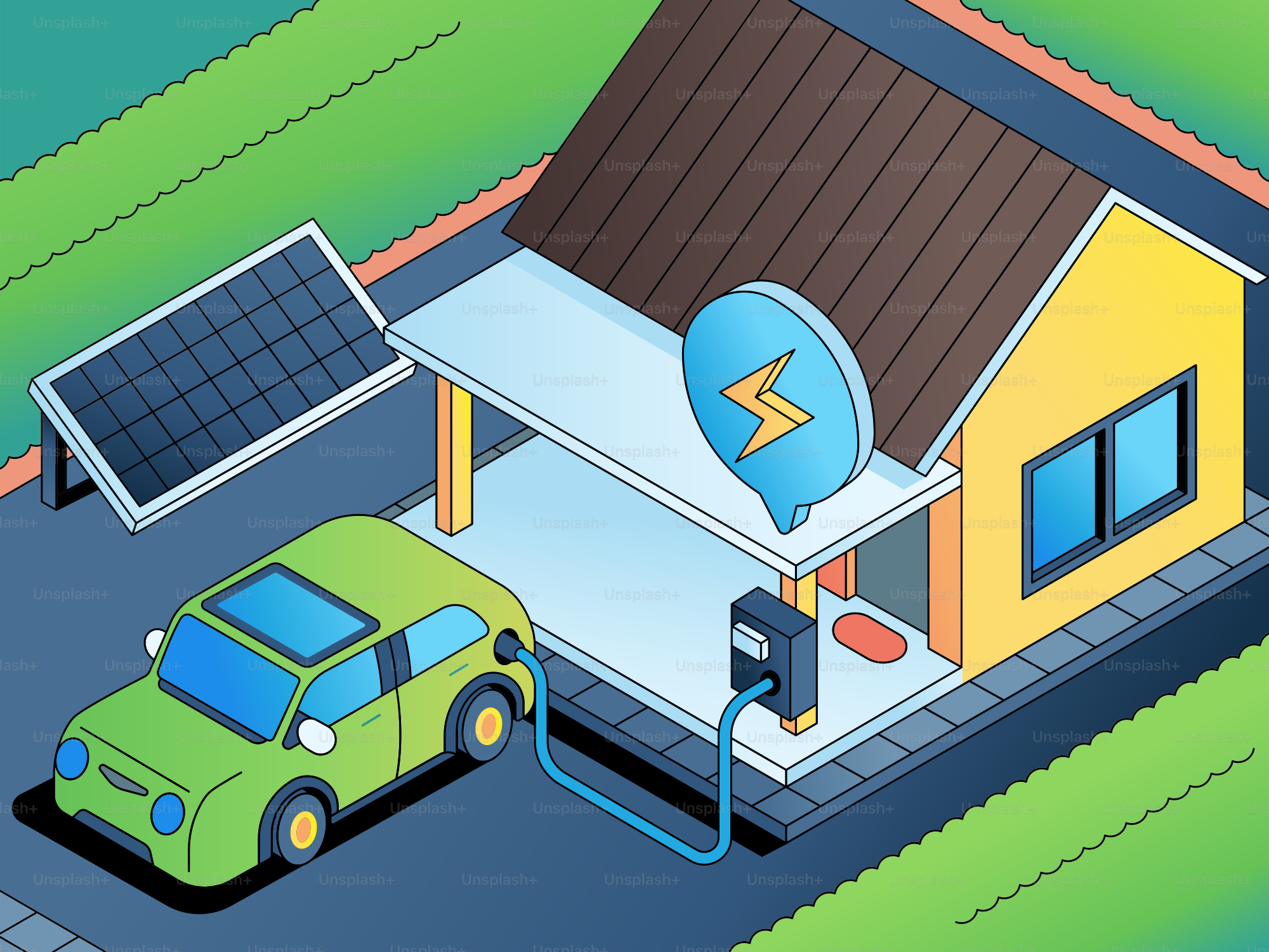 Electric car charging at a house with solar panels.
