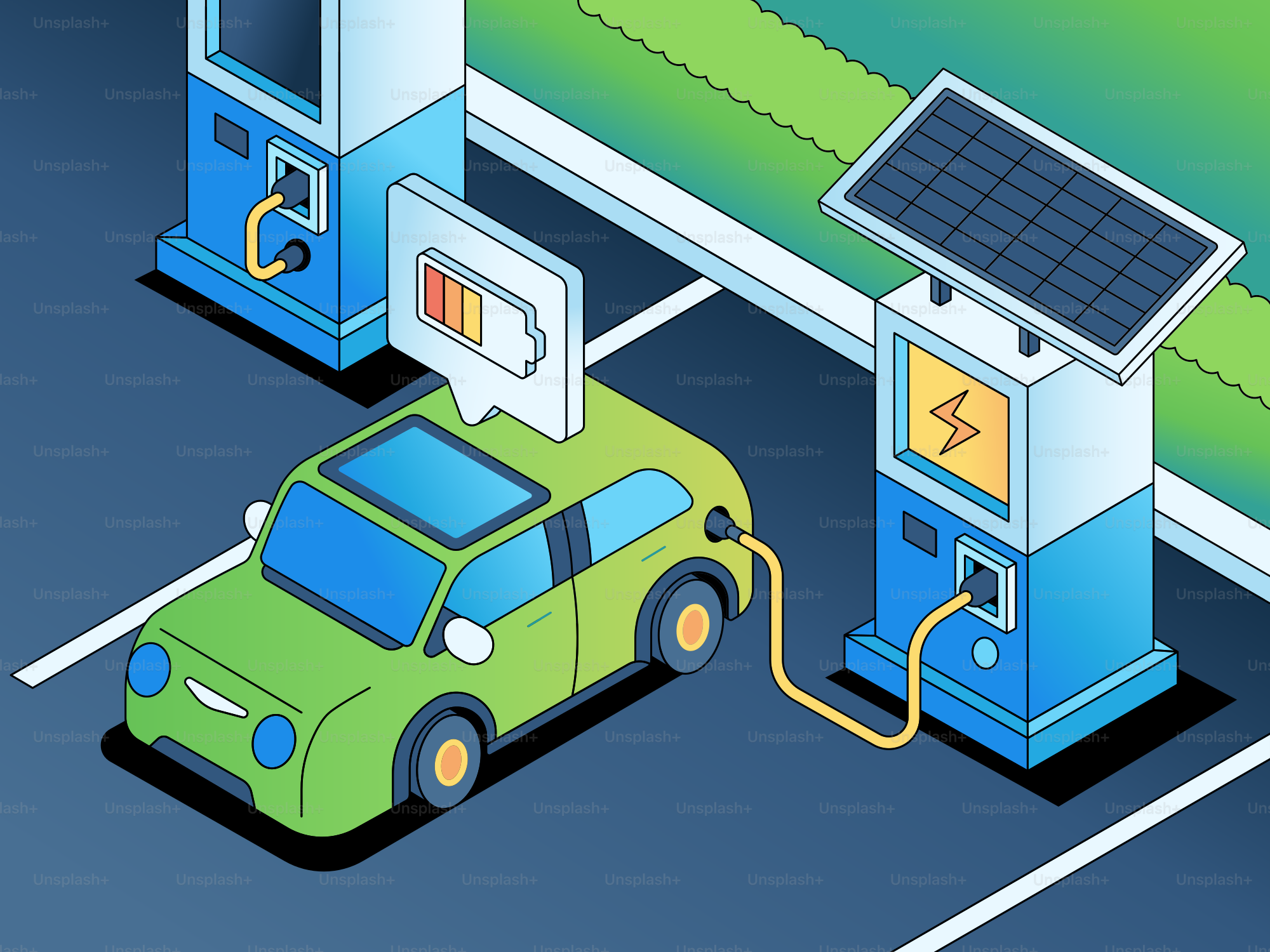 Green electric car charging at solar-powered station.