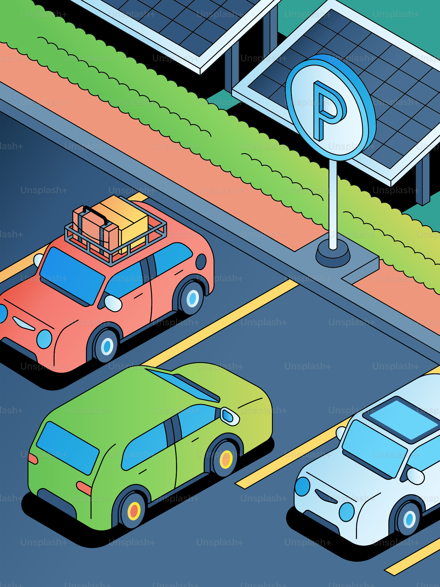Cars parked in a lot with solar panels overhead.