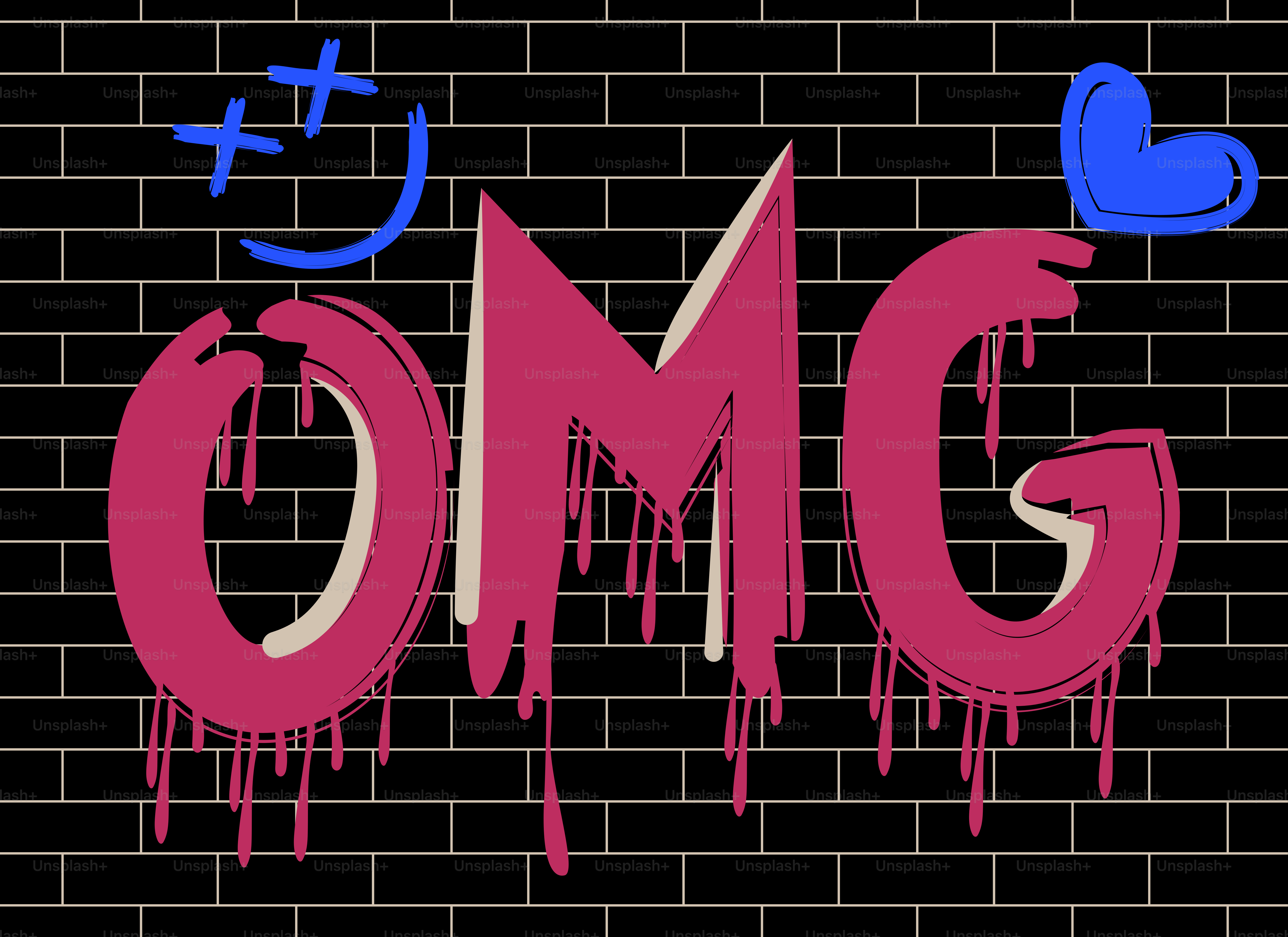 Graffiti spelling omg with a blue heart and smiley.