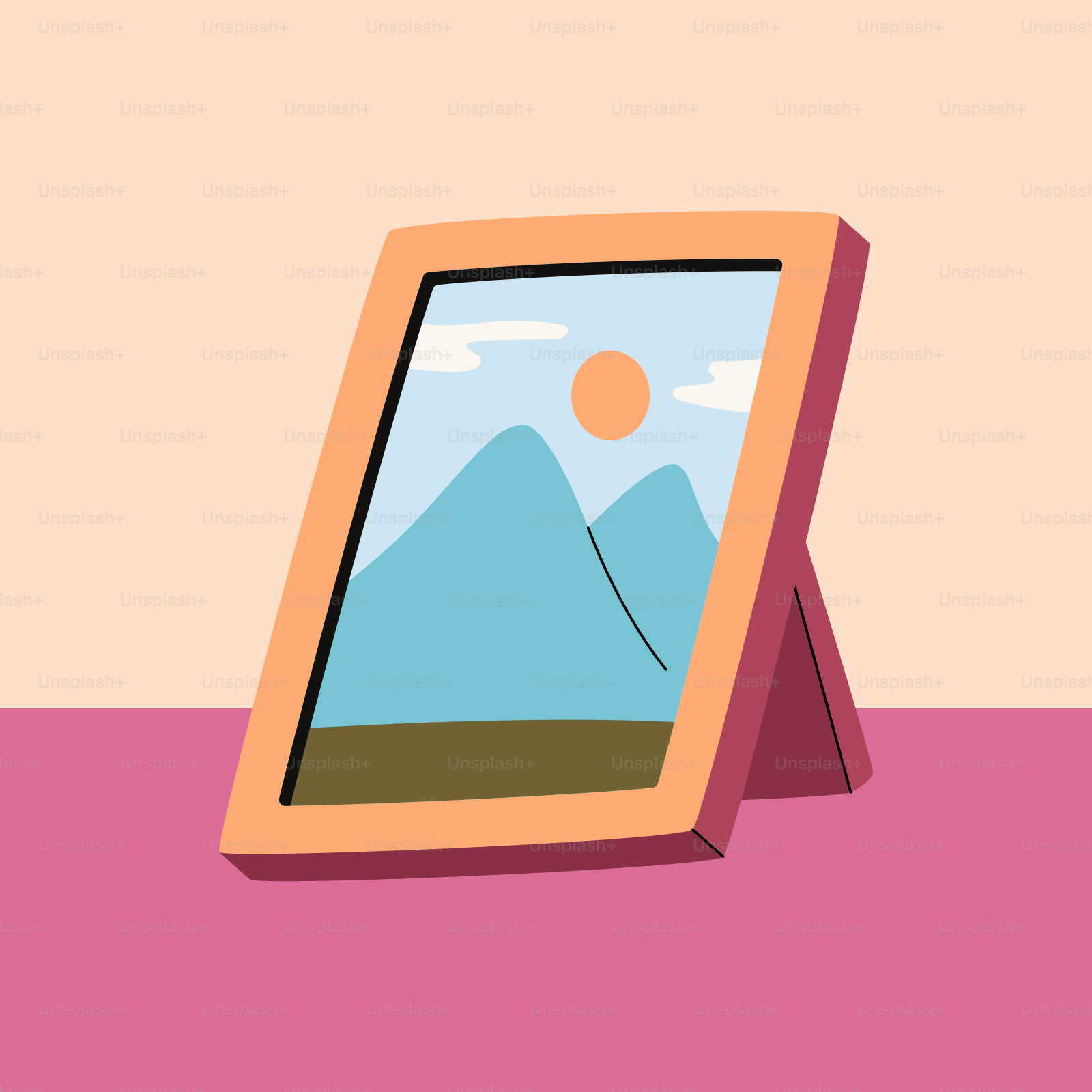 Framed landscape with mountains and sun