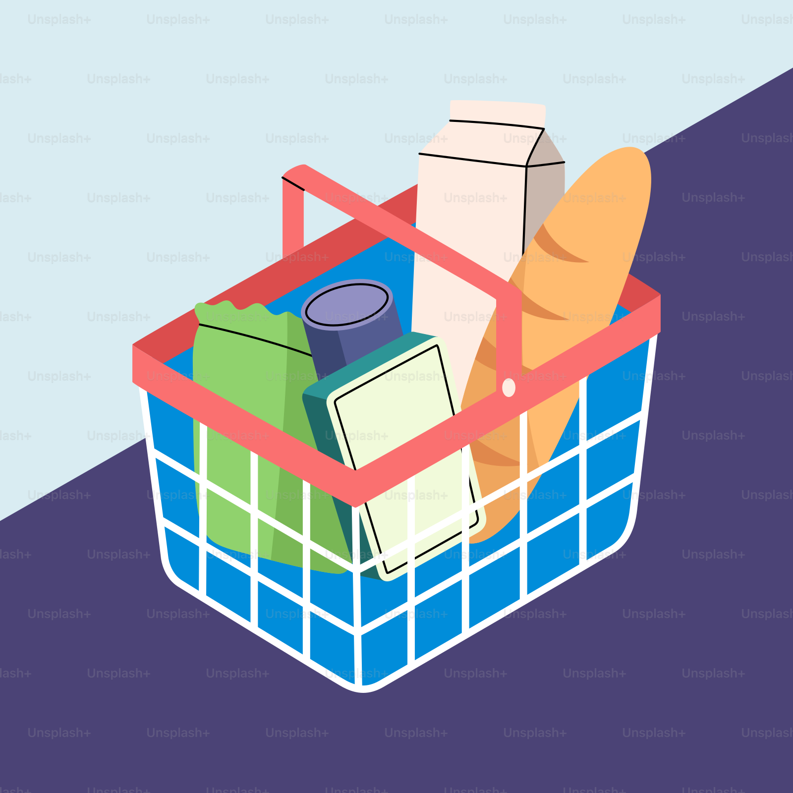 Shopping basket filled with groceries and bread.