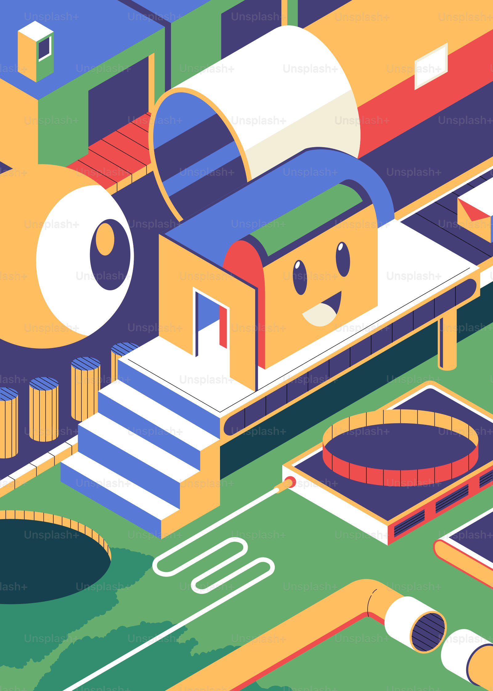 Colorful isometric abstract scene with playful shapes