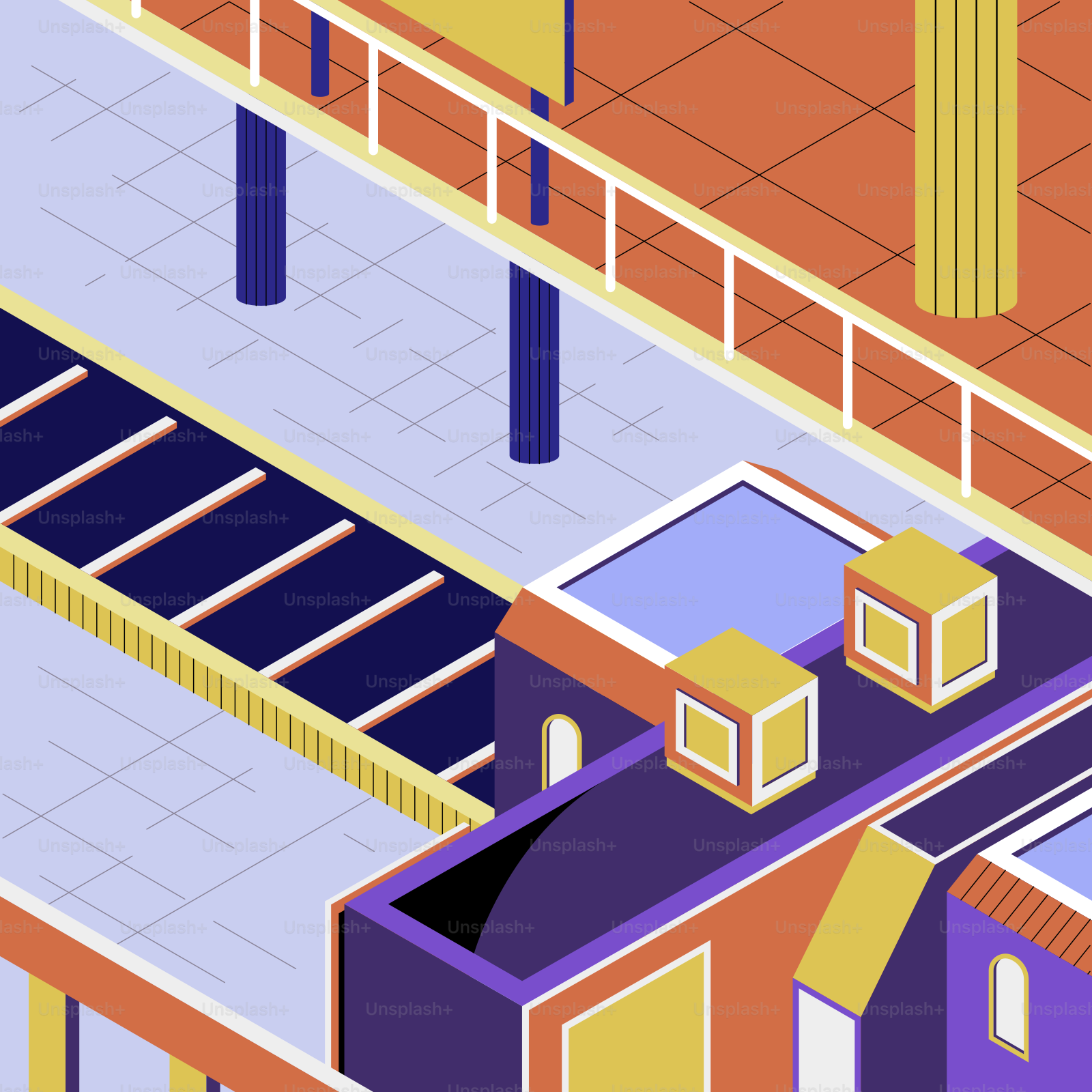 Isometric view of abstract urban architecture with geometric shapes.