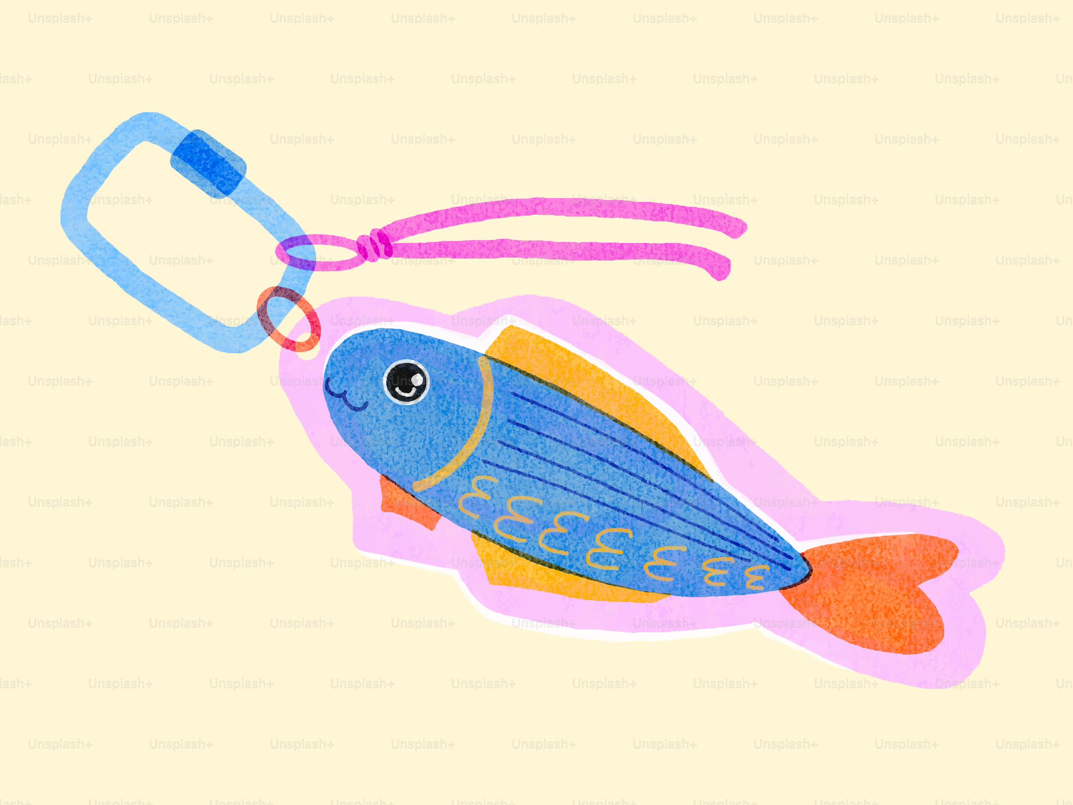 Blue fish keychain with pink string and carabiner clip