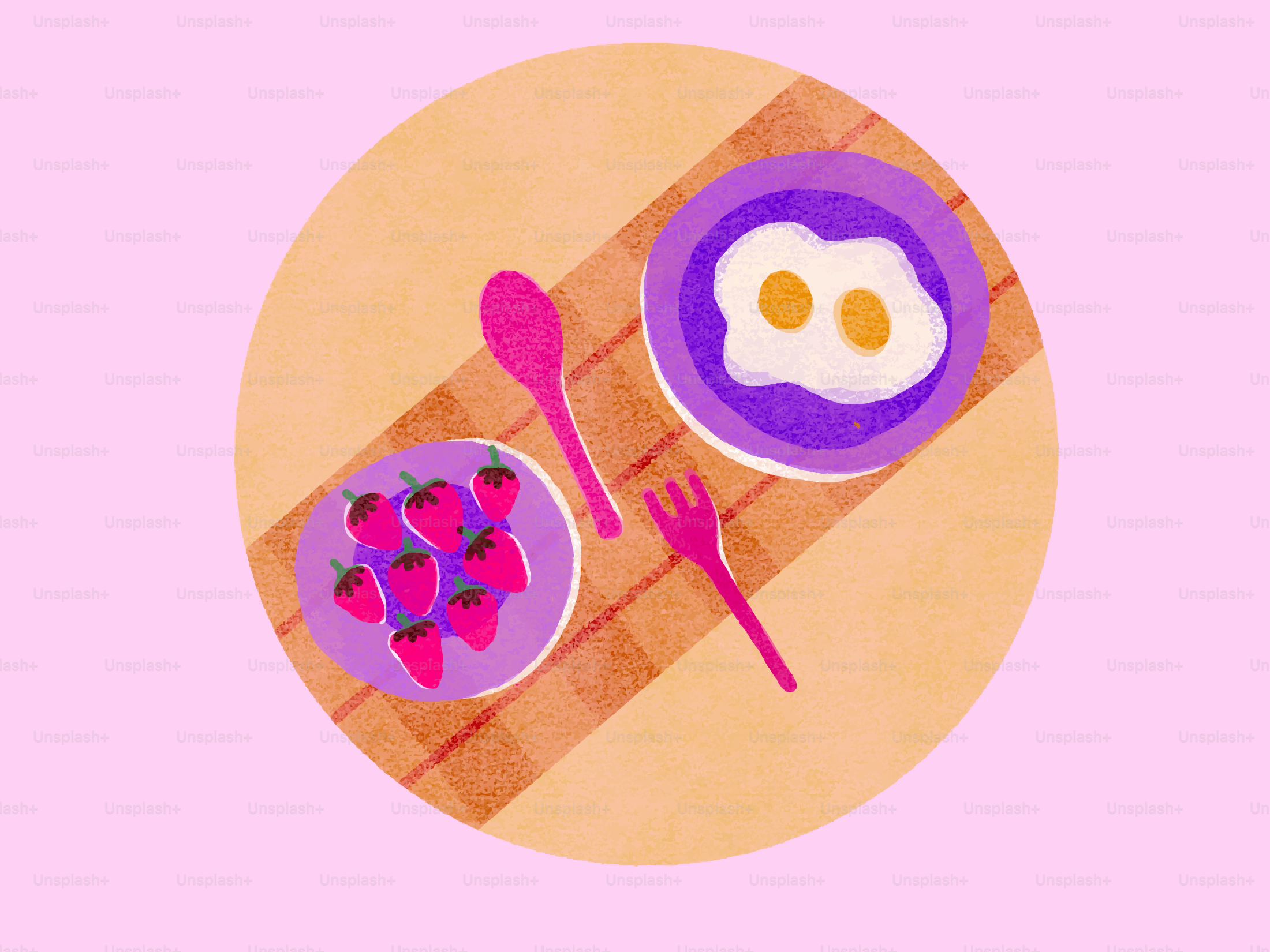 Ein Blick von drauf auf das Frühstück mit Eiern und Erdbeeren.