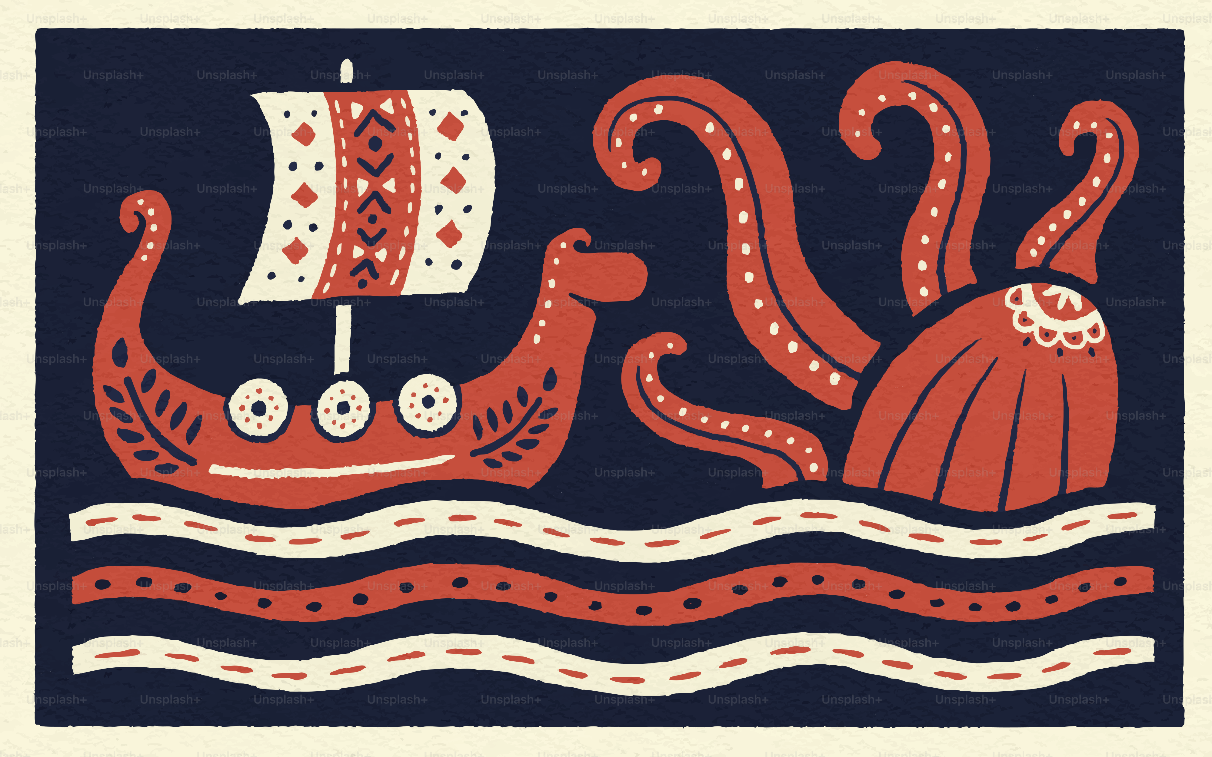 Viking ship battles a kraken in stylized sea waves.