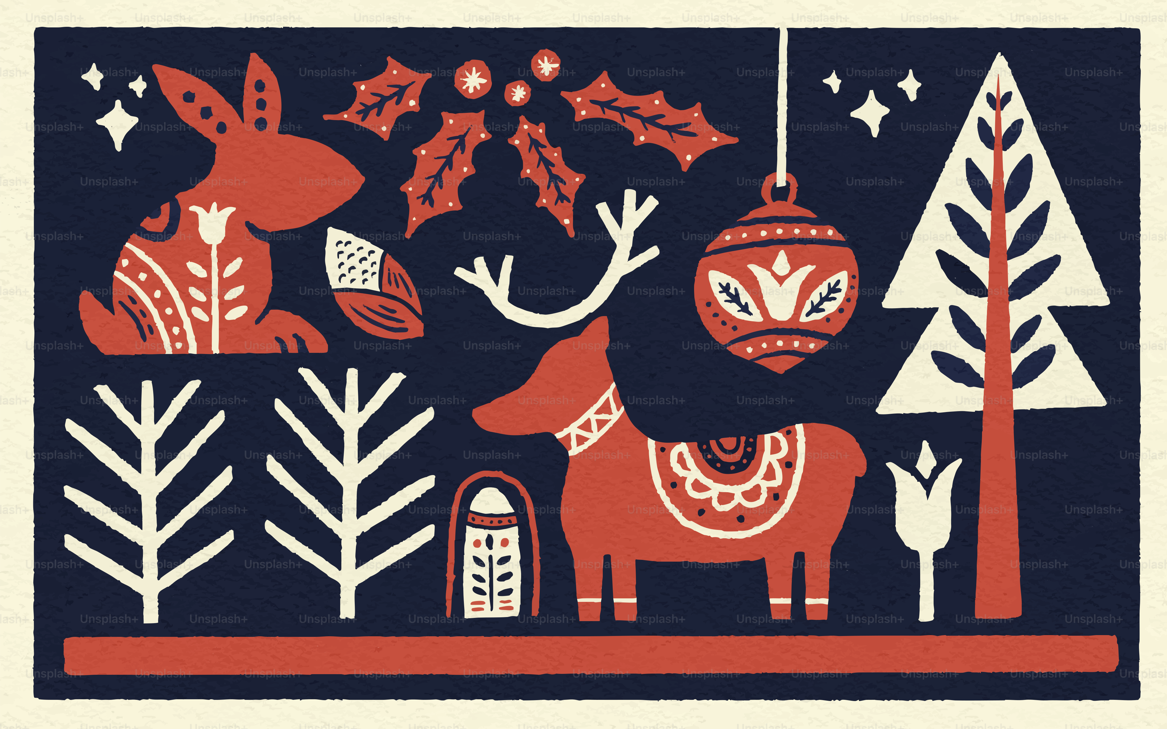 Christmas folk art with rabbit, reindeer, and trees.