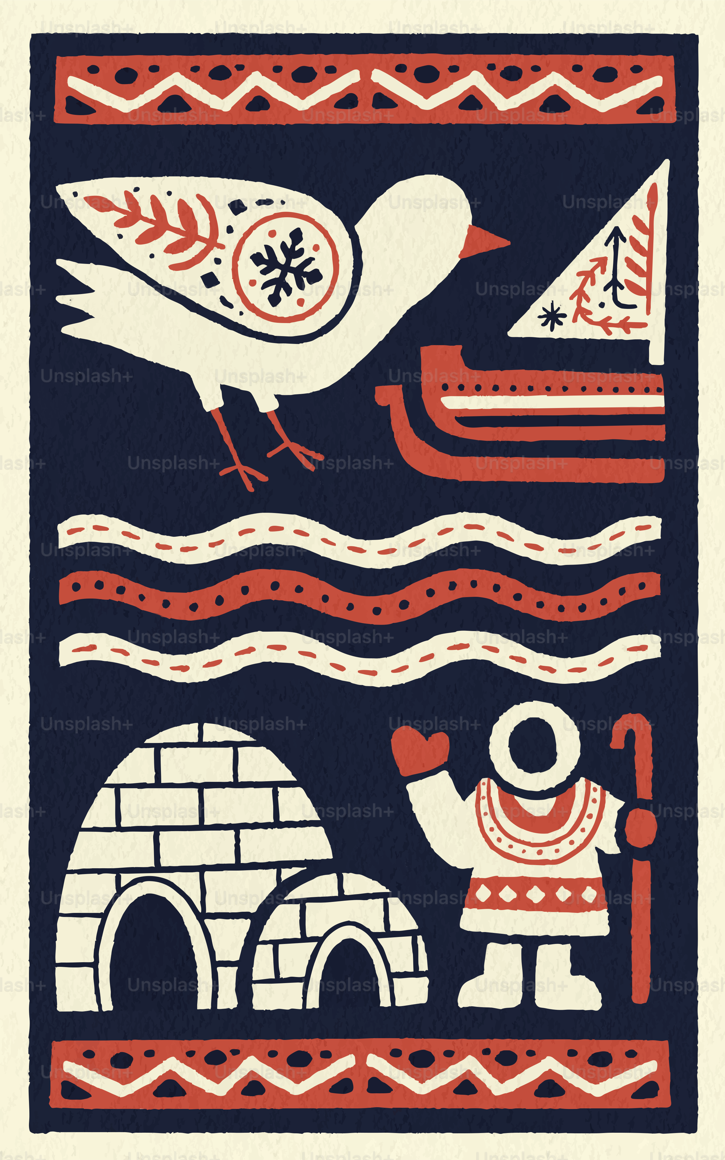 Arctic scene with bird, igloos, and person.